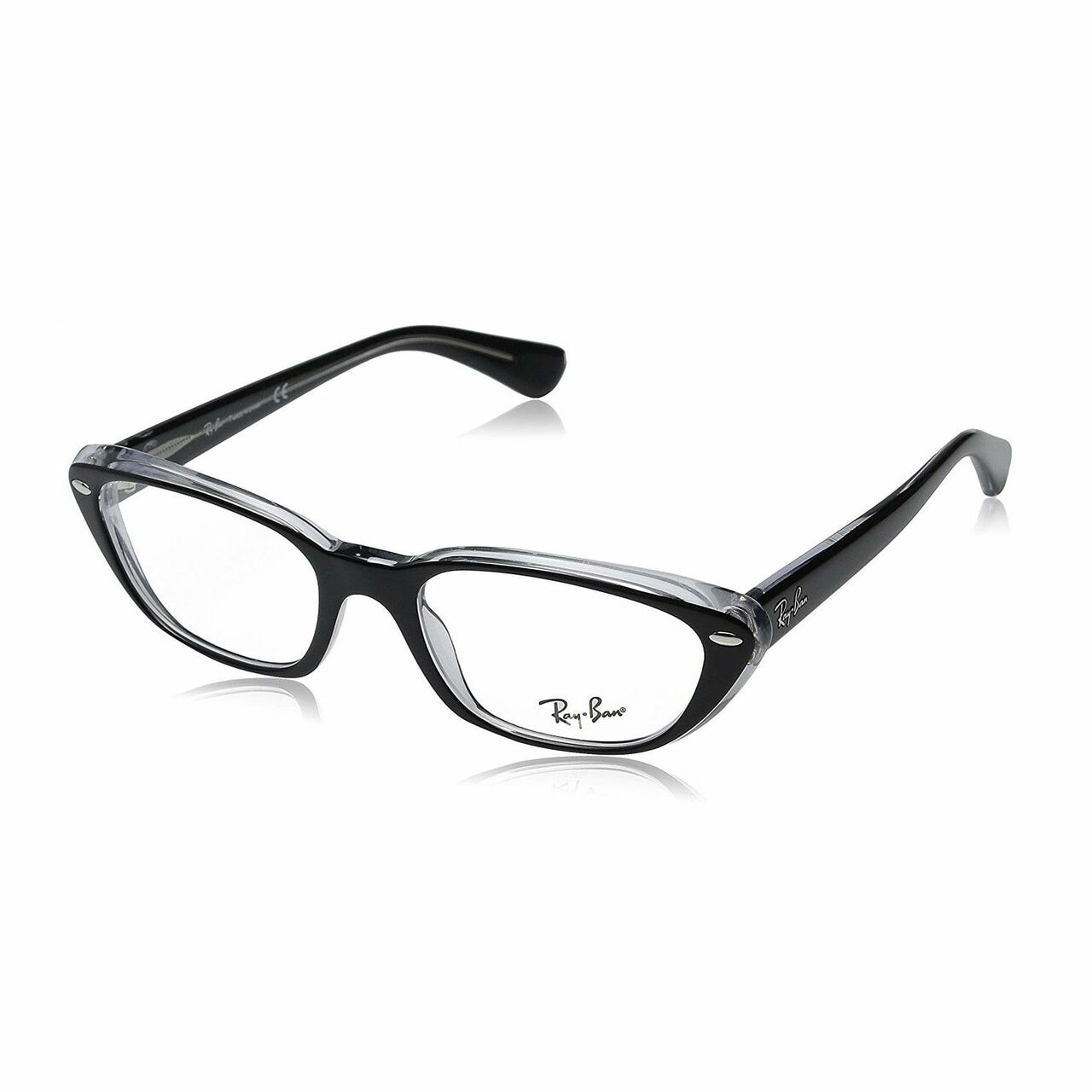 Ray-Ban RB5242-2034 Black Transparent Cat Eye Women's Plastic Eyeglasses with stylish design and full-rim frame.