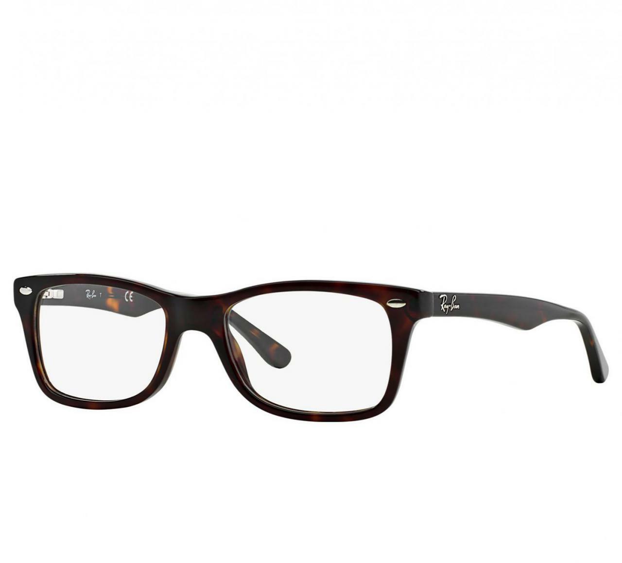 Ray-Ban RB5228-2012 Dark Havana Rectangular Unisex Acetate Eyeglasses displayed with case and cleaning cloth.