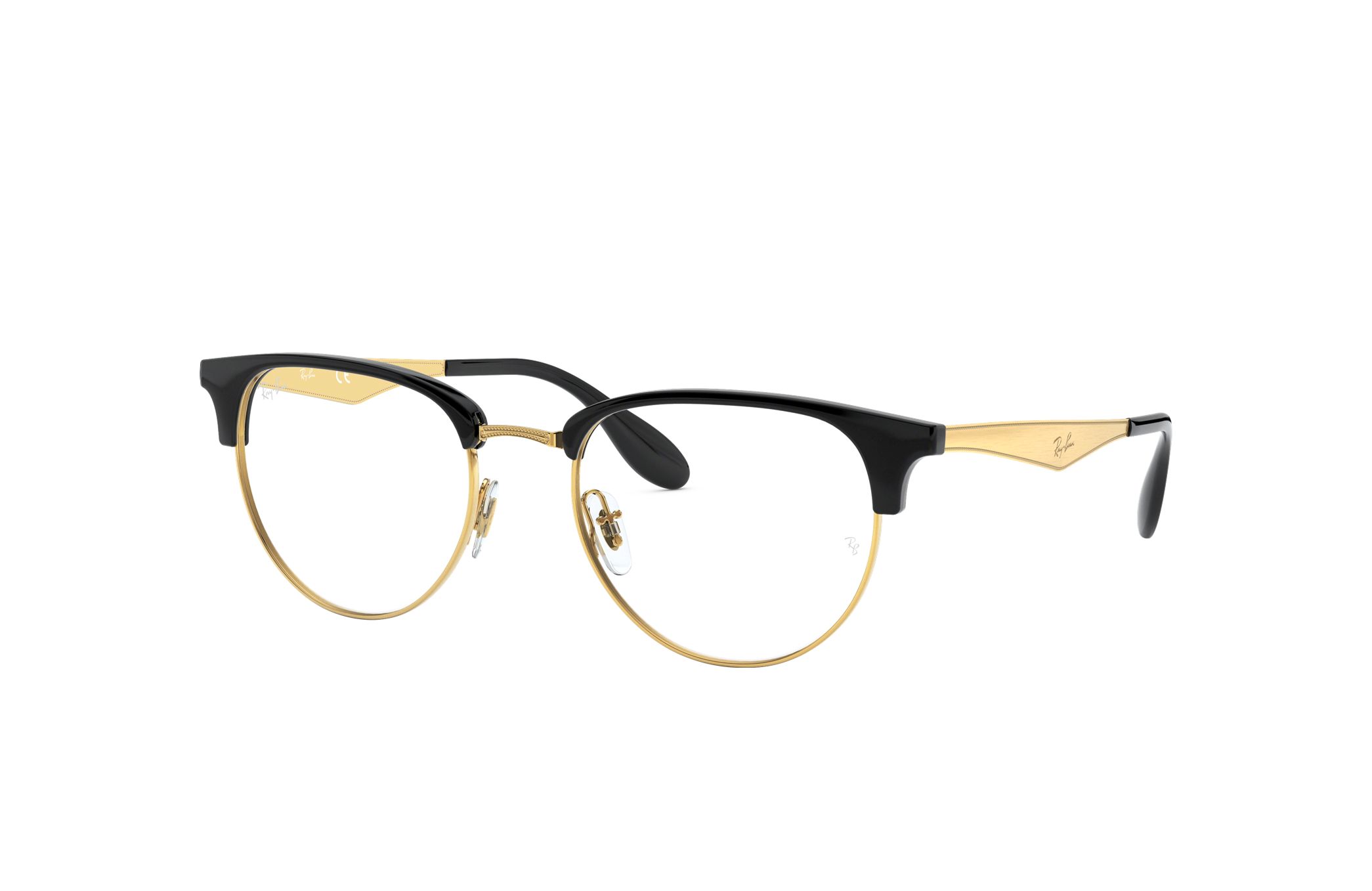 Ray-Ban RB6396-5784 Polished Black with Gold Round 53mm Optical Eyeglasses displayed with case and cleaning cloth.