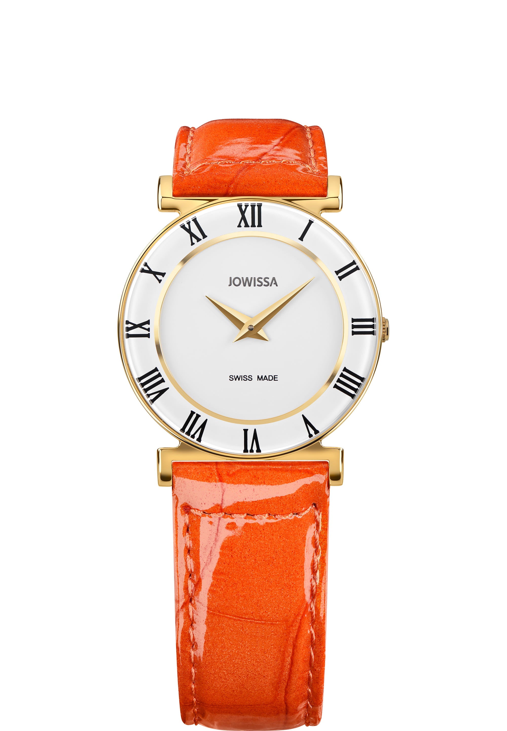 Roma Colori Swiss Ladies Watch J2.032.M featuring a stainless steel case, gold-plated surface, and alligator-embossed leather strap.
