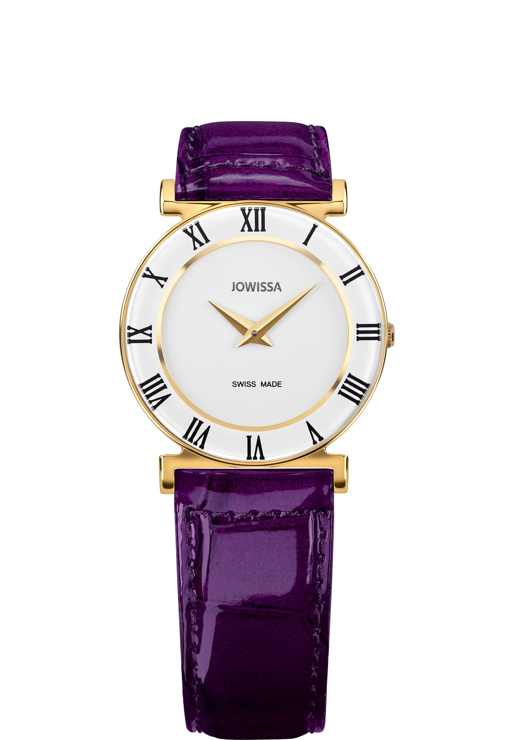 Roma Colori Swiss Ladies Watch J2.034.M featuring a stainless steel case, enamelled dial, and alligator-embossed leather strap.
