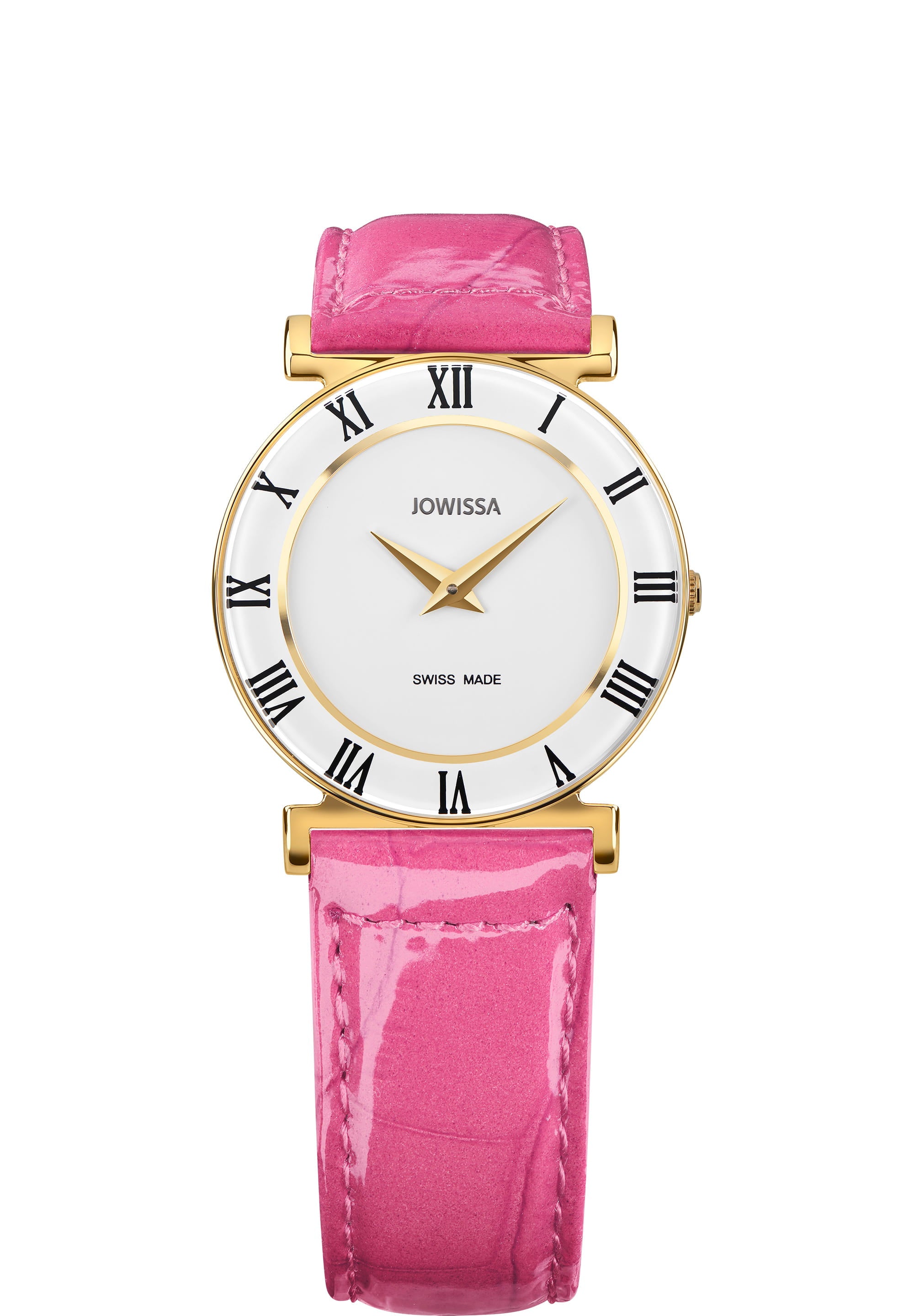 Roma Colori Swiss Ladies Watch J2.101.M featuring a stainless steel case, alligator-embossed leather strap, and elegant enamelled dial.