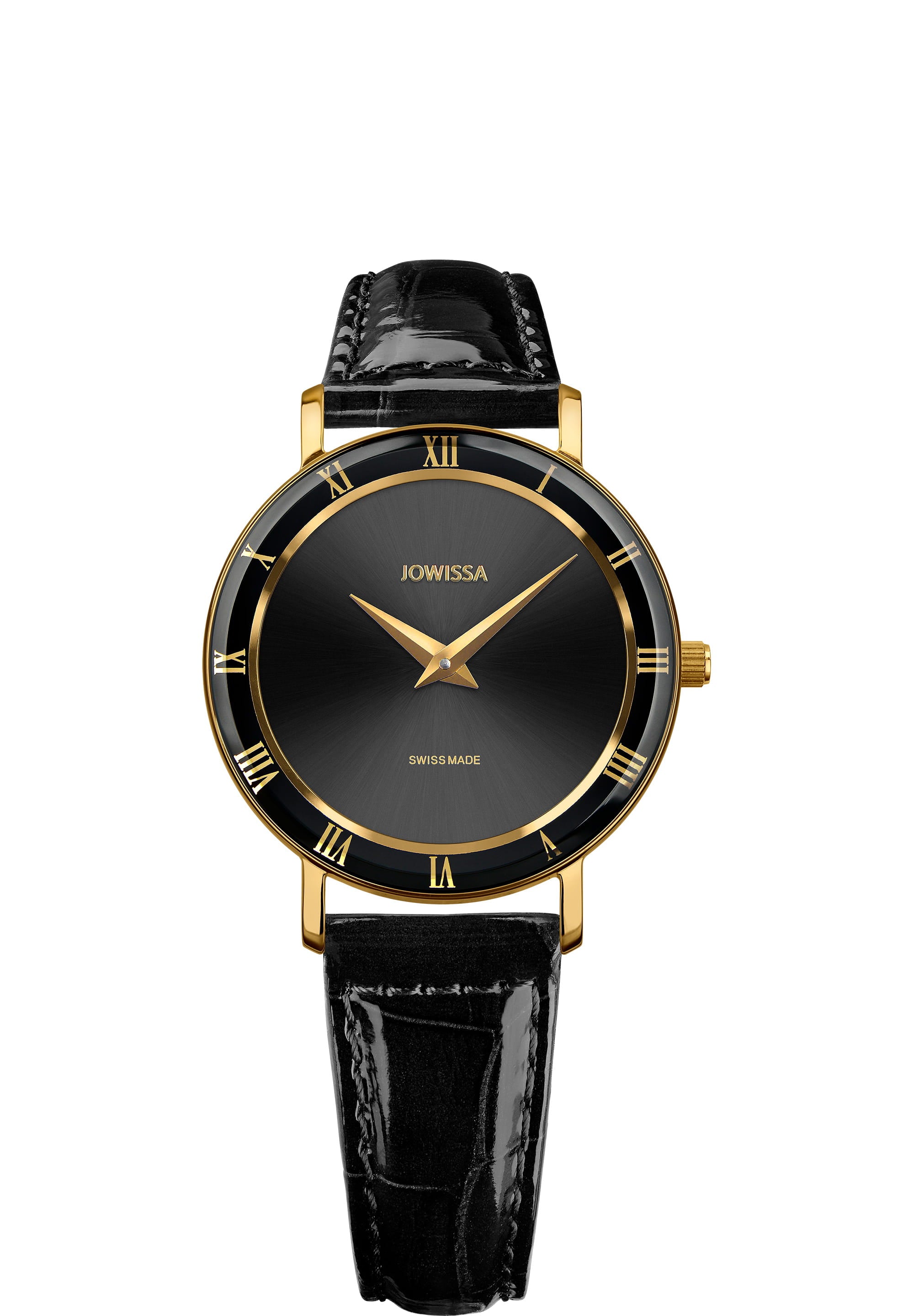 Roma Swiss Ladies Watch J2.270.M featuring a black dial, gold-tone Roman numerals, and a glossy black leather strap.