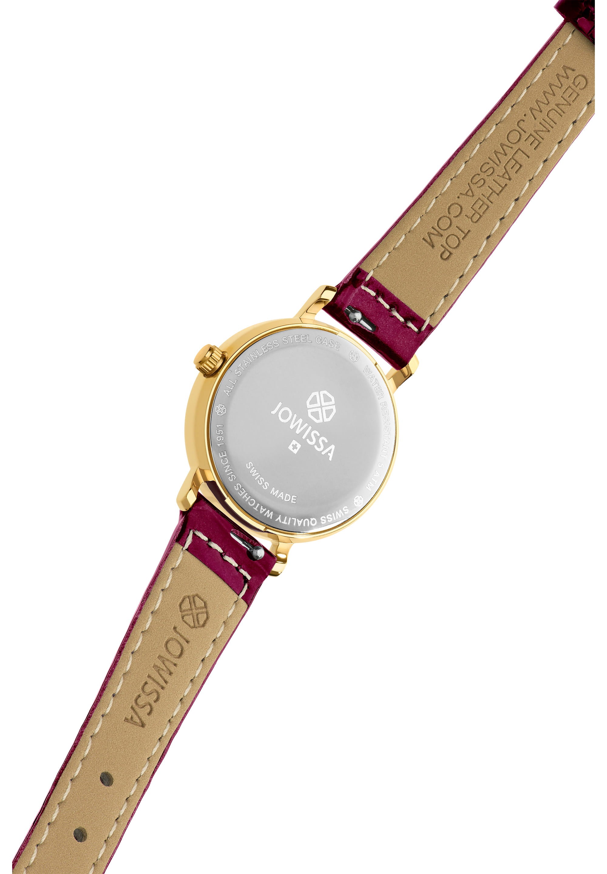 Roma Swiss Ladies Watch J2.272.S featuring a burgundy leather strap and Roman numeral dial, showcasing elegance and style.