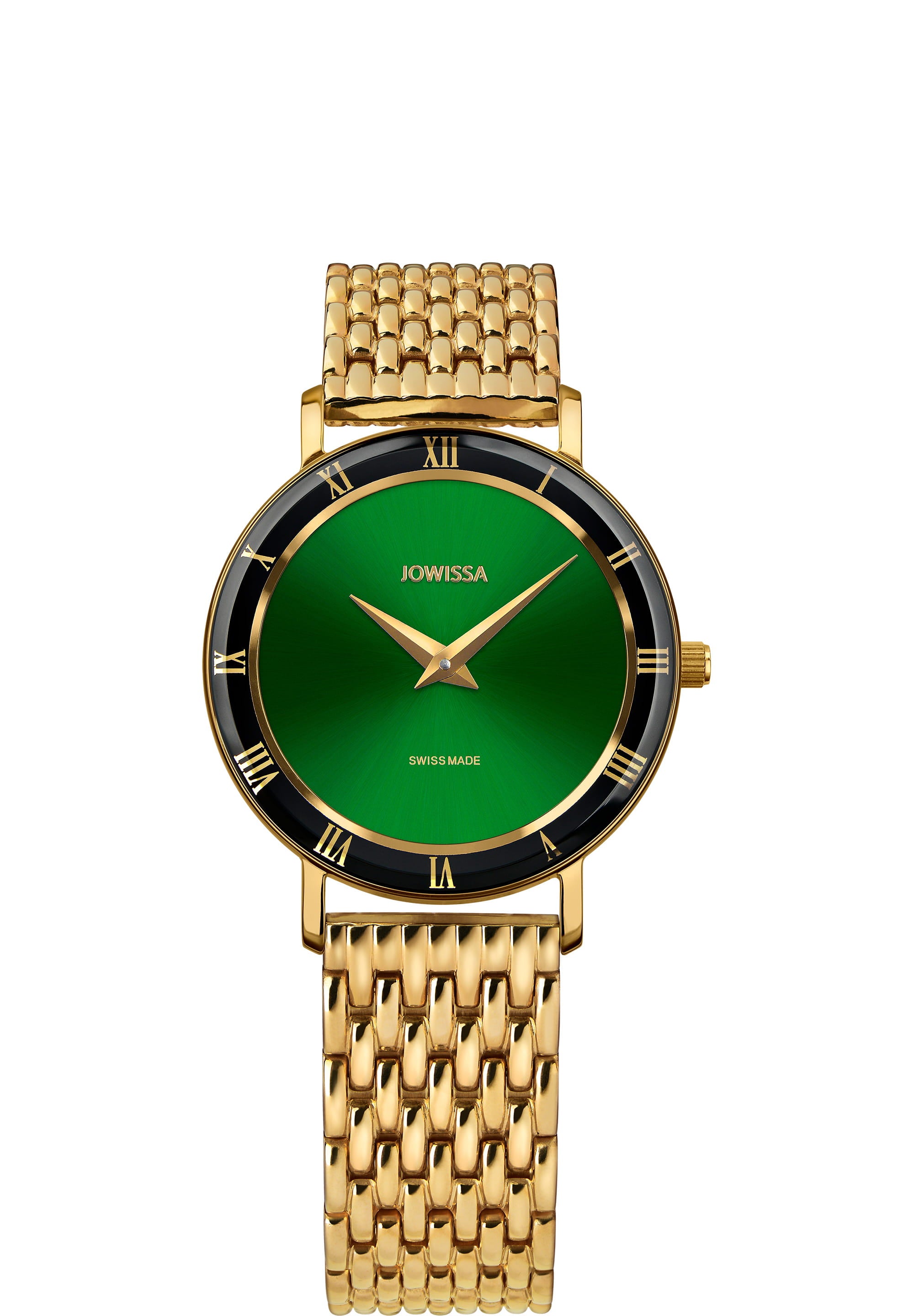 Roma Swiss Ladies Watch J2.292.M featuring a bright green dial and gold-plated mesh bracelet, showcasing Roman numerals on a black bezel.