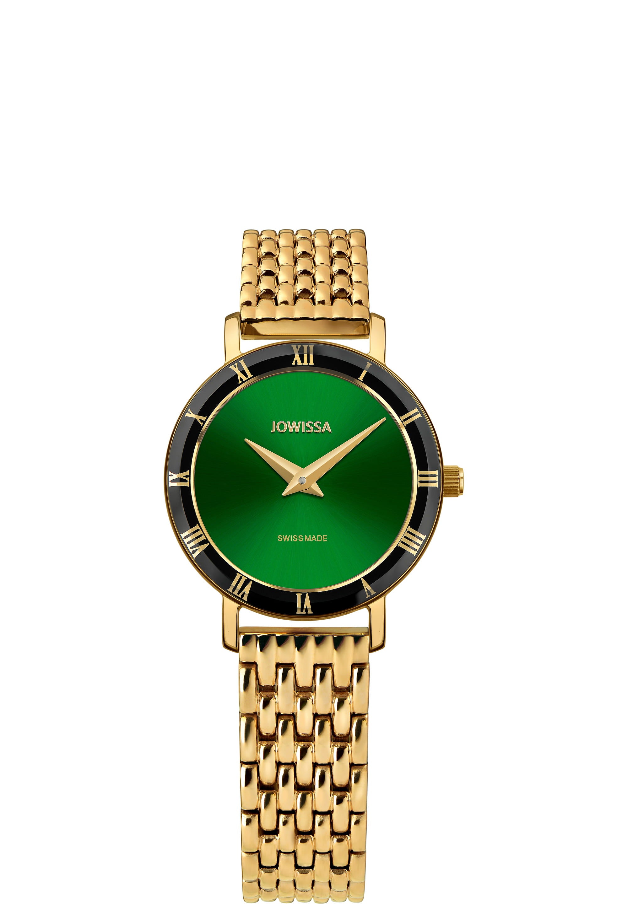 Roma Swiss Ladies Watch J2.292.S featuring a bright green dial and gold-plated mesh bracelet, elegantly designed for women.