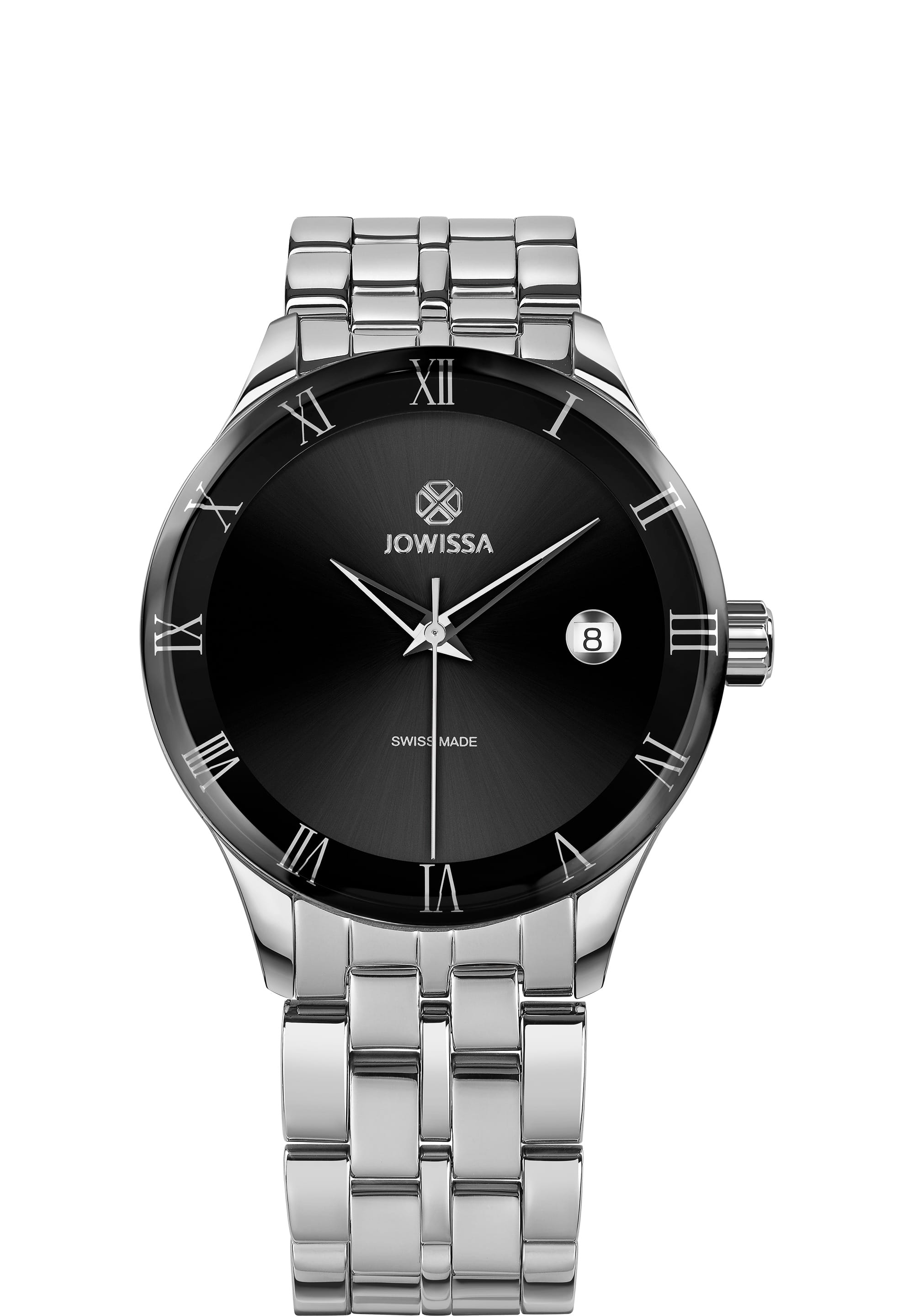 Romo Swiss Made Watch J2.166.M featuring a stainless steel case, shiny sunray dial, and stainless steel bracelet.