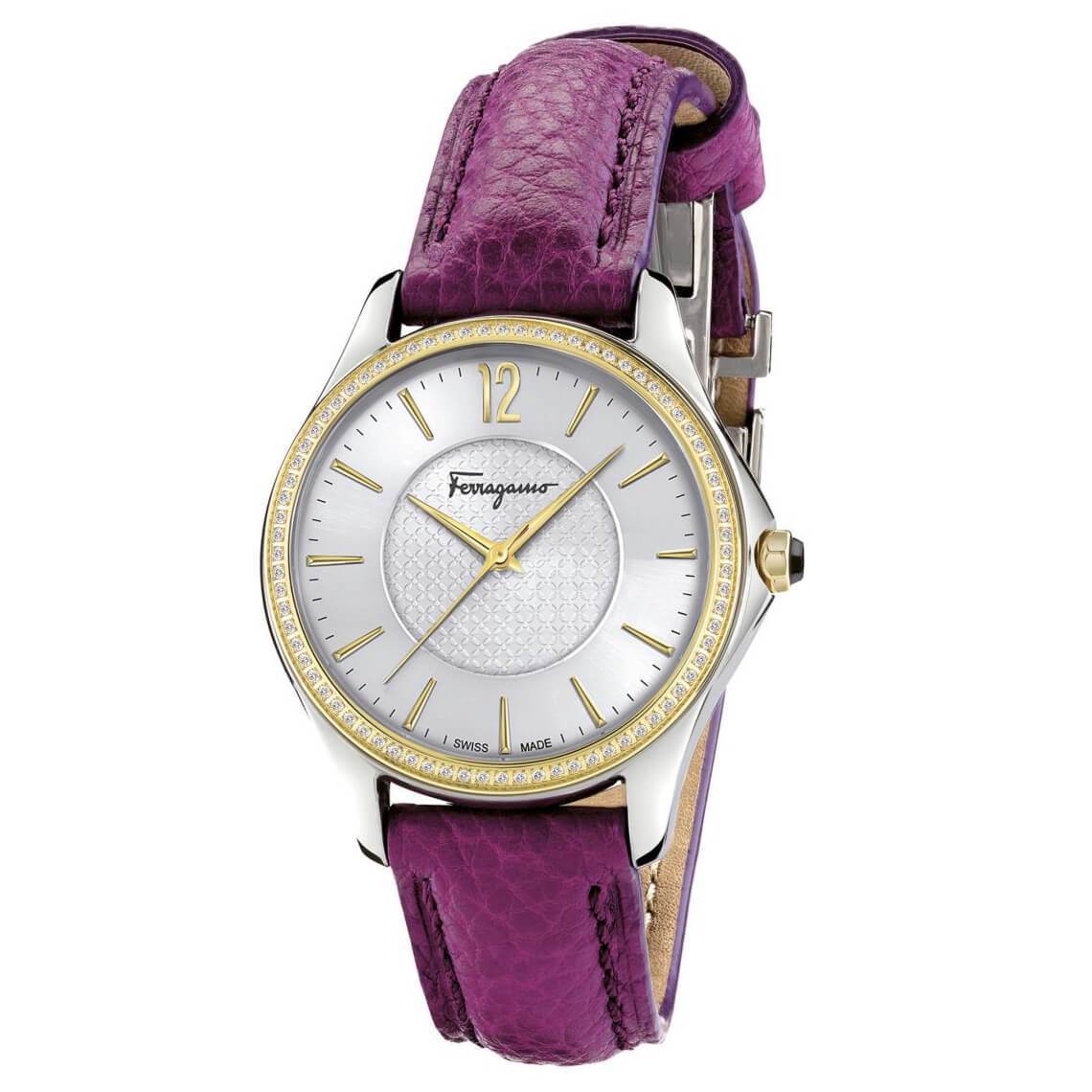 Salvatore Ferragamo FFV030016 Women's 'Time' Swiss Quartz watch featuring a golden octagonal case, diamond bezel, and purple leather strap.