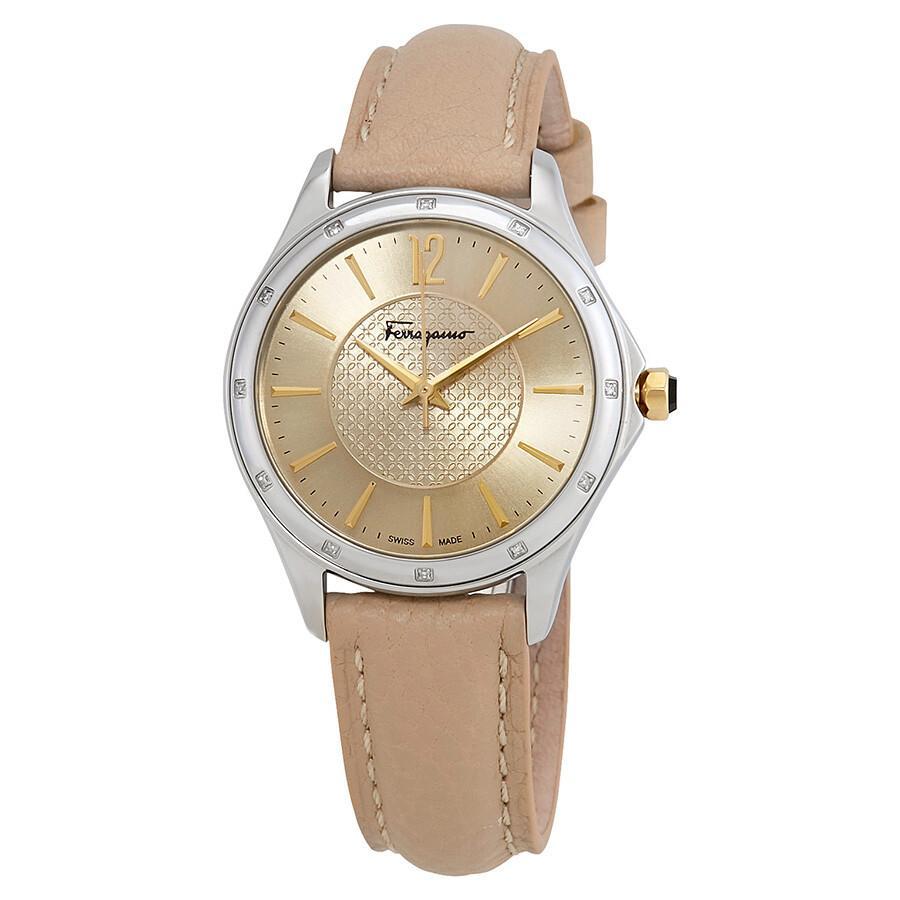 Salvatore Ferragamo Women's FFV020016 'Time' Swiss Quartz watch featuring a beige leather strap and octagonal golden face with diamond bezel.