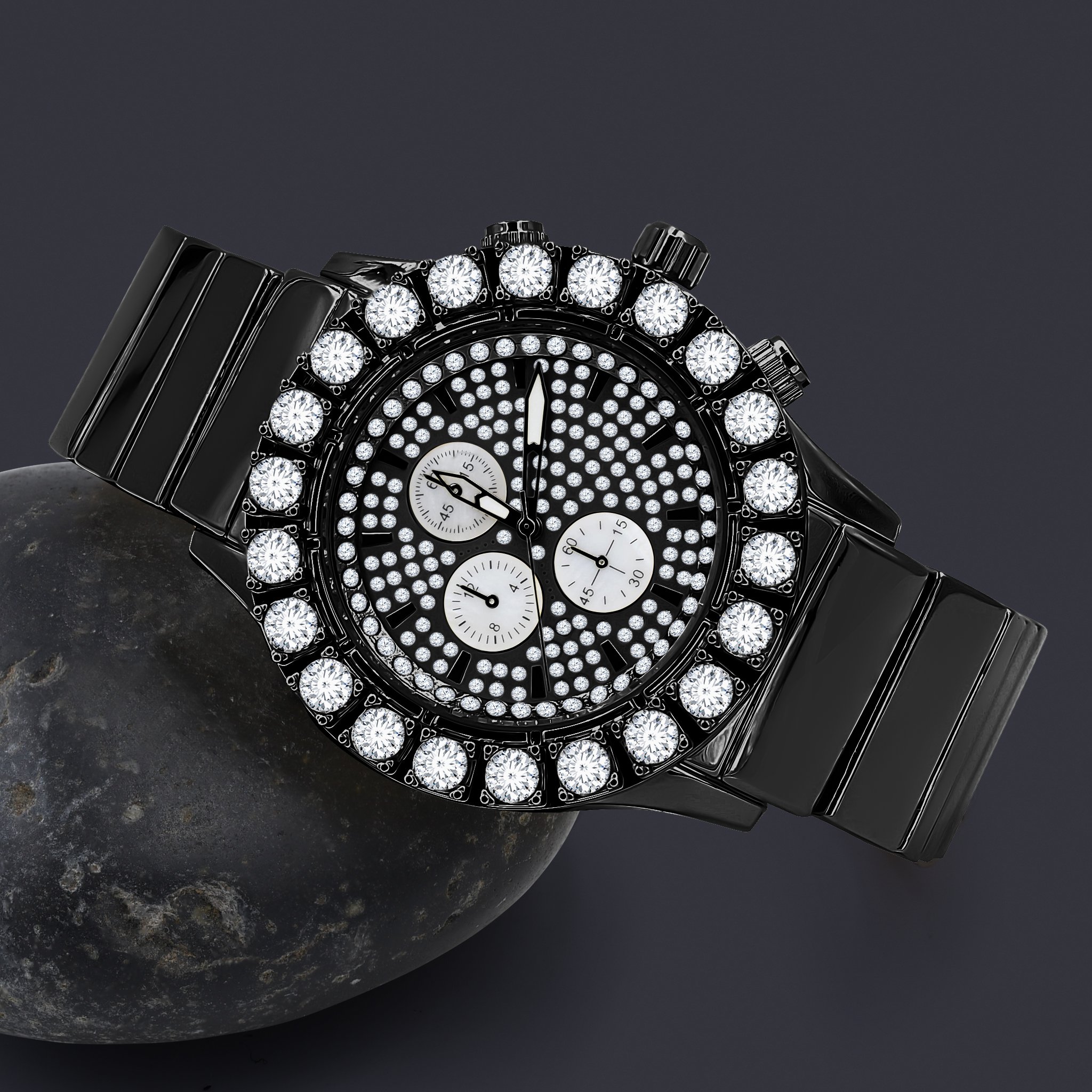 Sanguine Hip Hop Metal Watch featuring a polished metal band, white CZ stones, and sleek design.