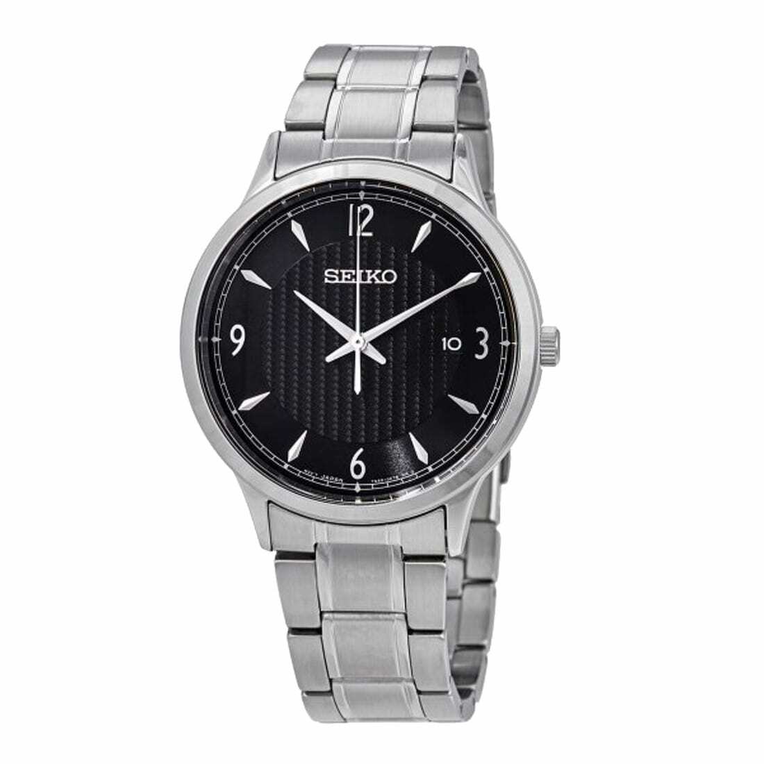 Seiko SGEH81 Men's Dress Quartz Watch featuring a silver stainless steel case and a textured black dial.