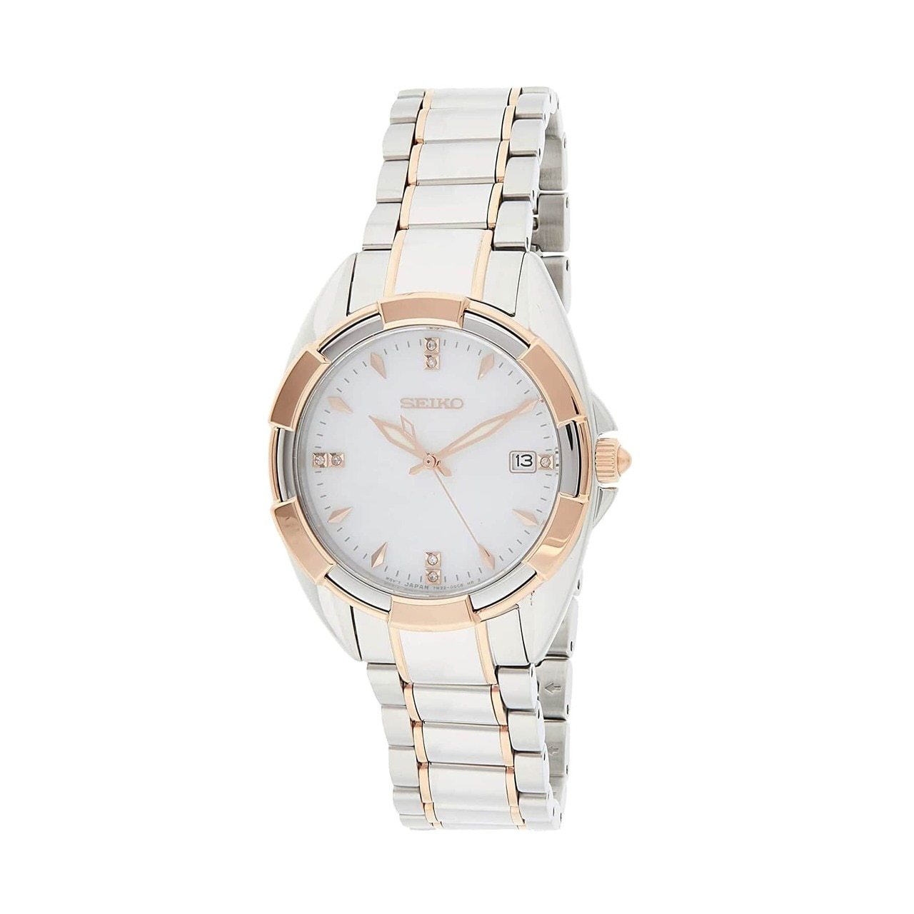Seiko SKK888 Two Tone Diamond Accent Women's Watch with Mother of Pearl Dial and stainless steel band.