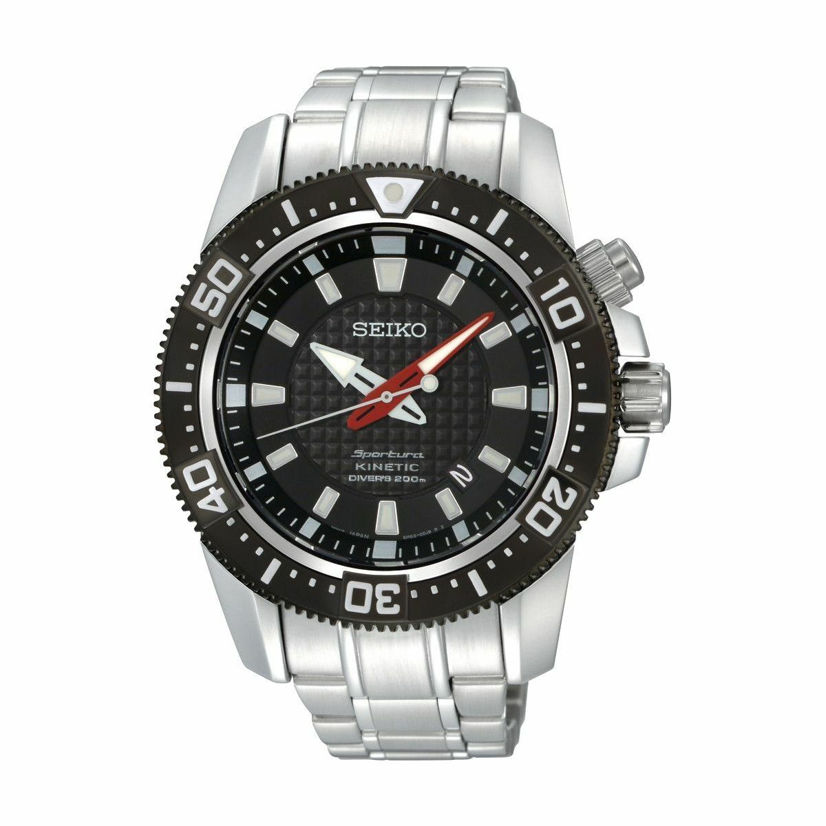 Seiko SKA511 Sportura Kinetic Men's Watch with black dial and stainless steel bracelet, showcasing its elegant design and features.
