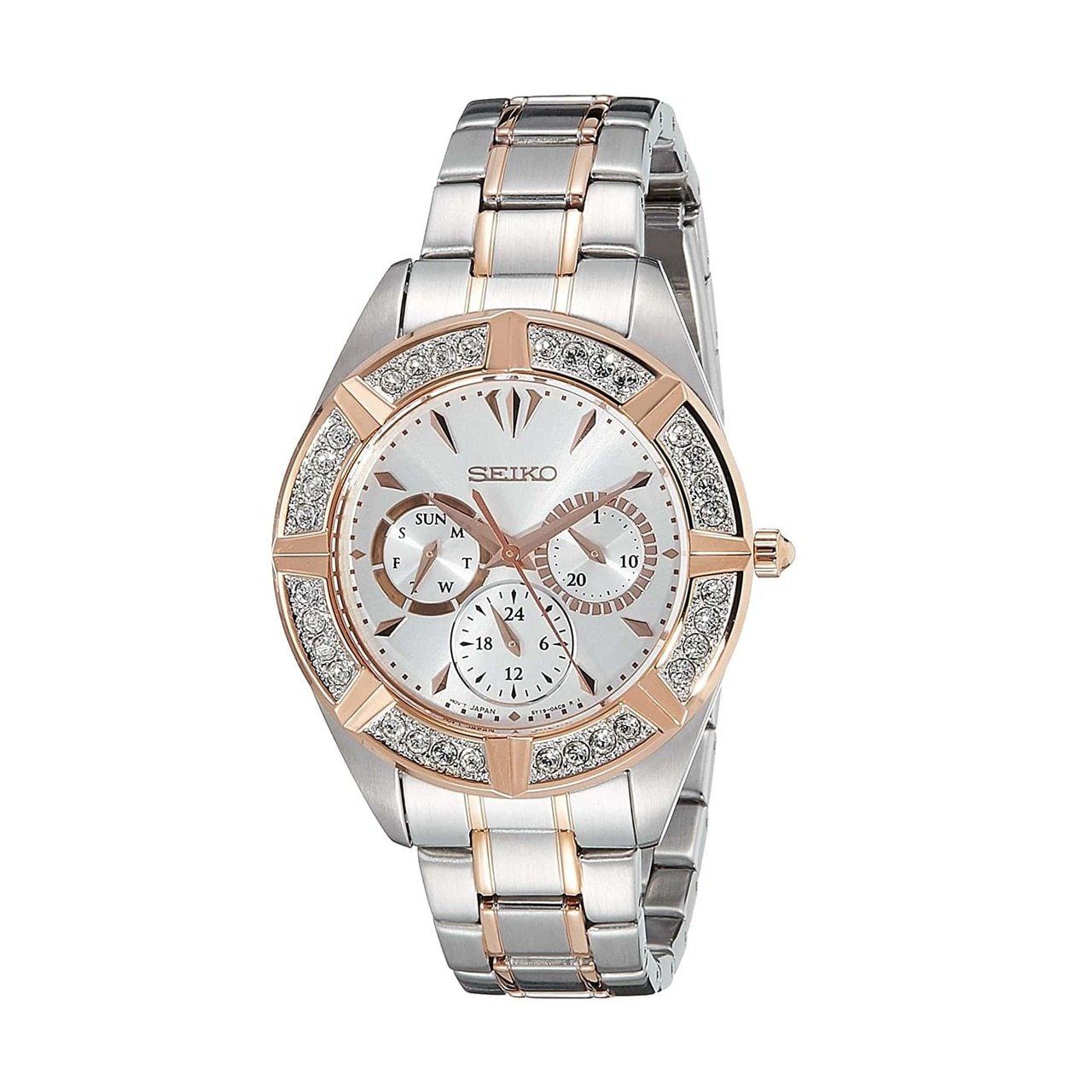 Seiko SKY678 Two Tone Crystal Accent Silver Dial Women's Multi-Function Watch with rose gold-tone bezel and stainless steel band.