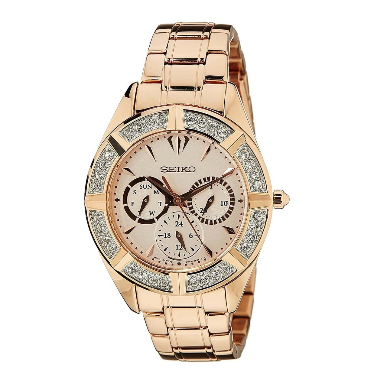 Seiko SKY680P1 Rose Gold Stainless Steel Women's Multi-Function Watch with crystal accents and rose dial.