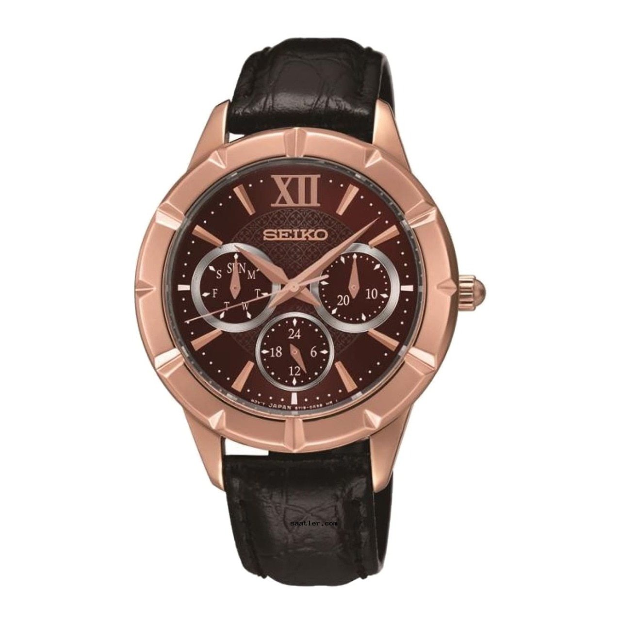 Seiko SKY696 Women's Multi-Function Watch with Black Leather Band and Burgundy Dial, featuring a rose-gold stainless steel case.