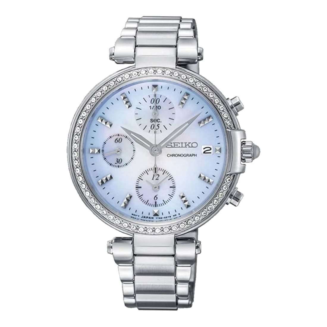Seiko SNDV39 Women's Chronograph Watch with Mother of Pearl Dial and Crystal Accents, featuring a stainless steel case and band.