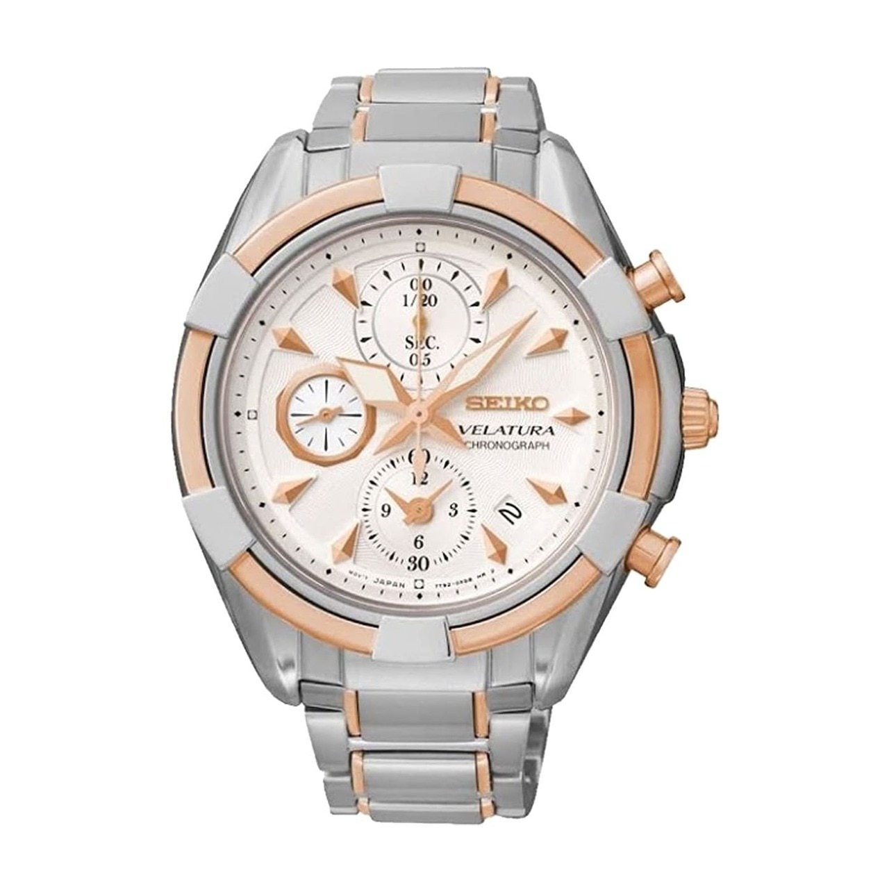 Seiko SNDW58 Velatura Women's Chronograph Watch with Two Tone Stainless Steel Band and White Dial