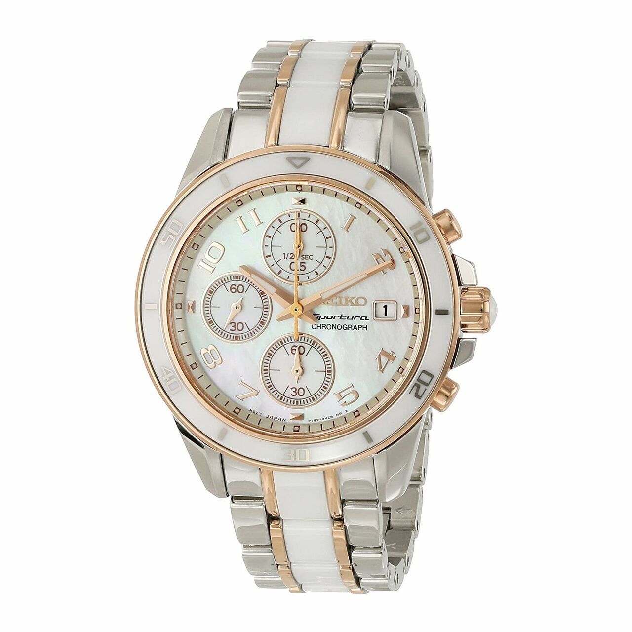 Seiko SNDX54 Two Tone Rosegold Women's Ceramic Watch with Mother of Pearl Dial and Chronograph features.