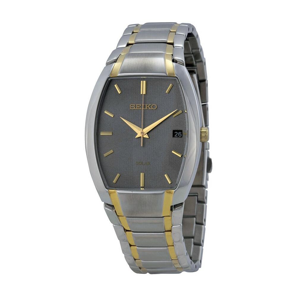 Seiko SNE334 Solar Two Tone Stainless Steel Grey Dial Men's Watch with a stainless steel case and grey dial.