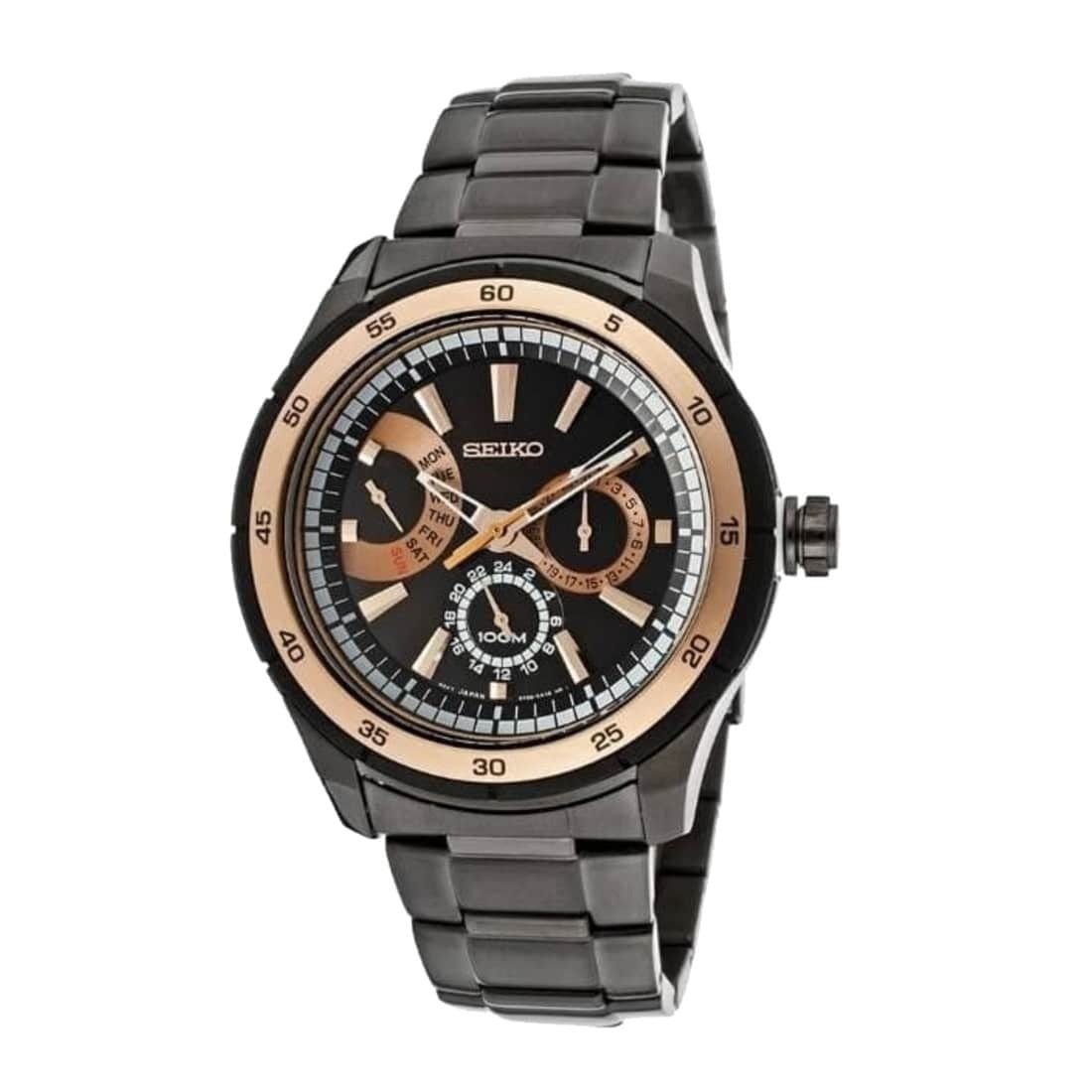 Seiko SNT025 Black PVD Stainless Steel Multi-Function Watch with black dial and stainless steel band.