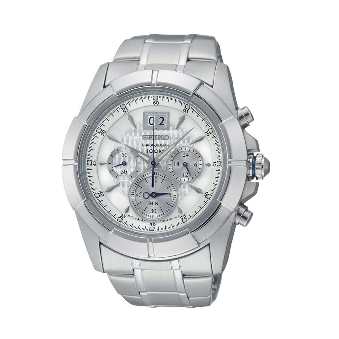 Seiko SPC107 Stainless Steel Silver Dial Men's Chronograph Watch with a sleek design and silver accents.