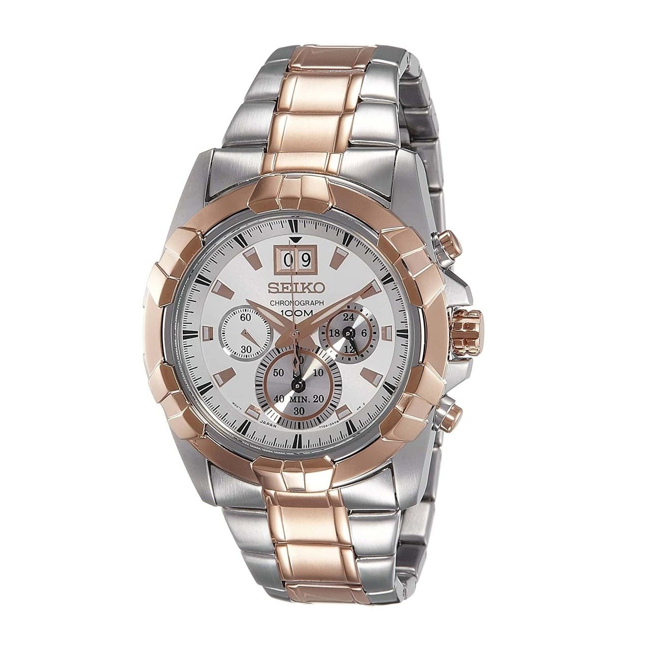 Seiko SPC188 Lord Two Tone Stainless Steel White Dial Men's Chronograph Watch with a silver bracelet and white dial.