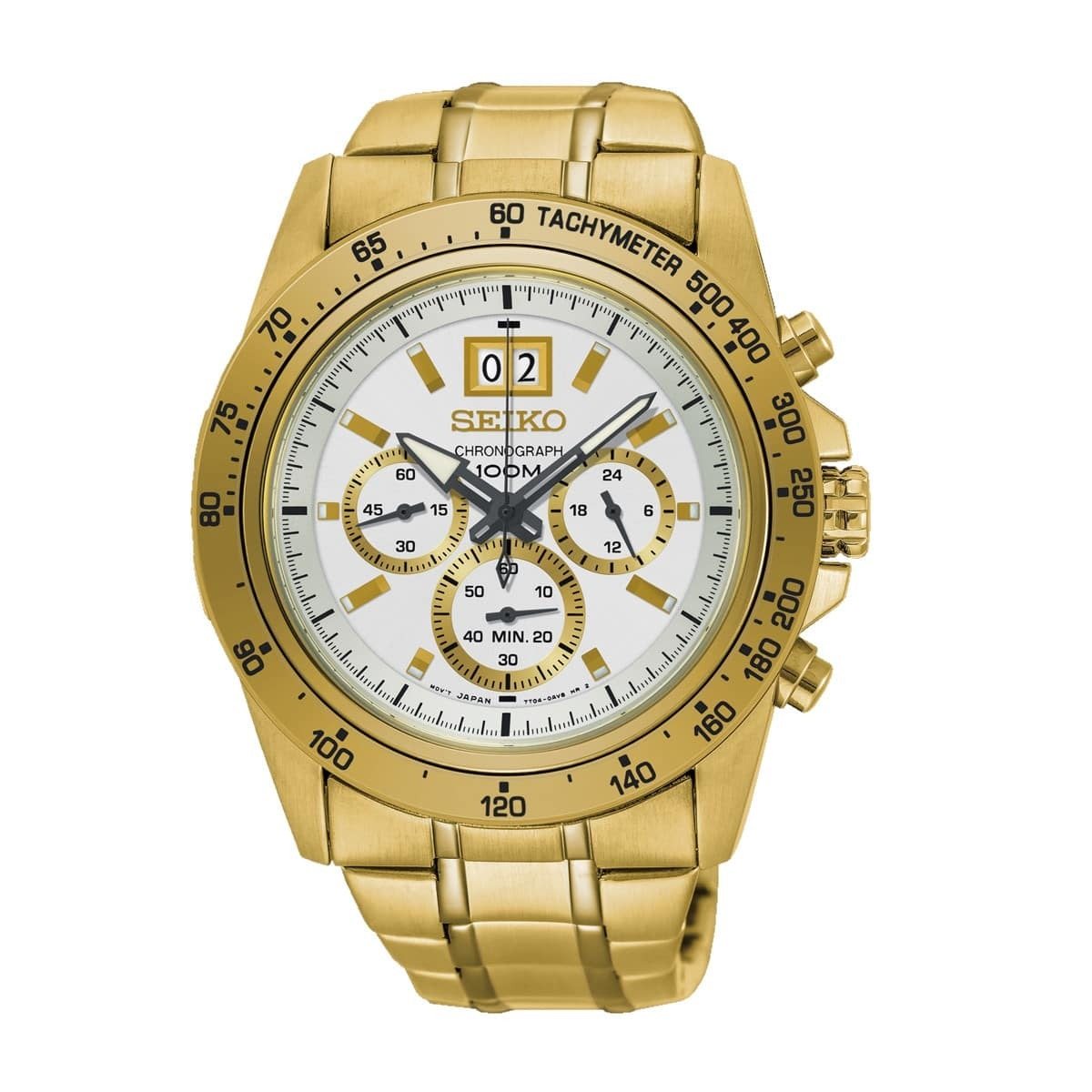 Seiko SPC244 Lord Gold Stainless Steel Men's Chronograph Watch with white dial and gold bracelet.