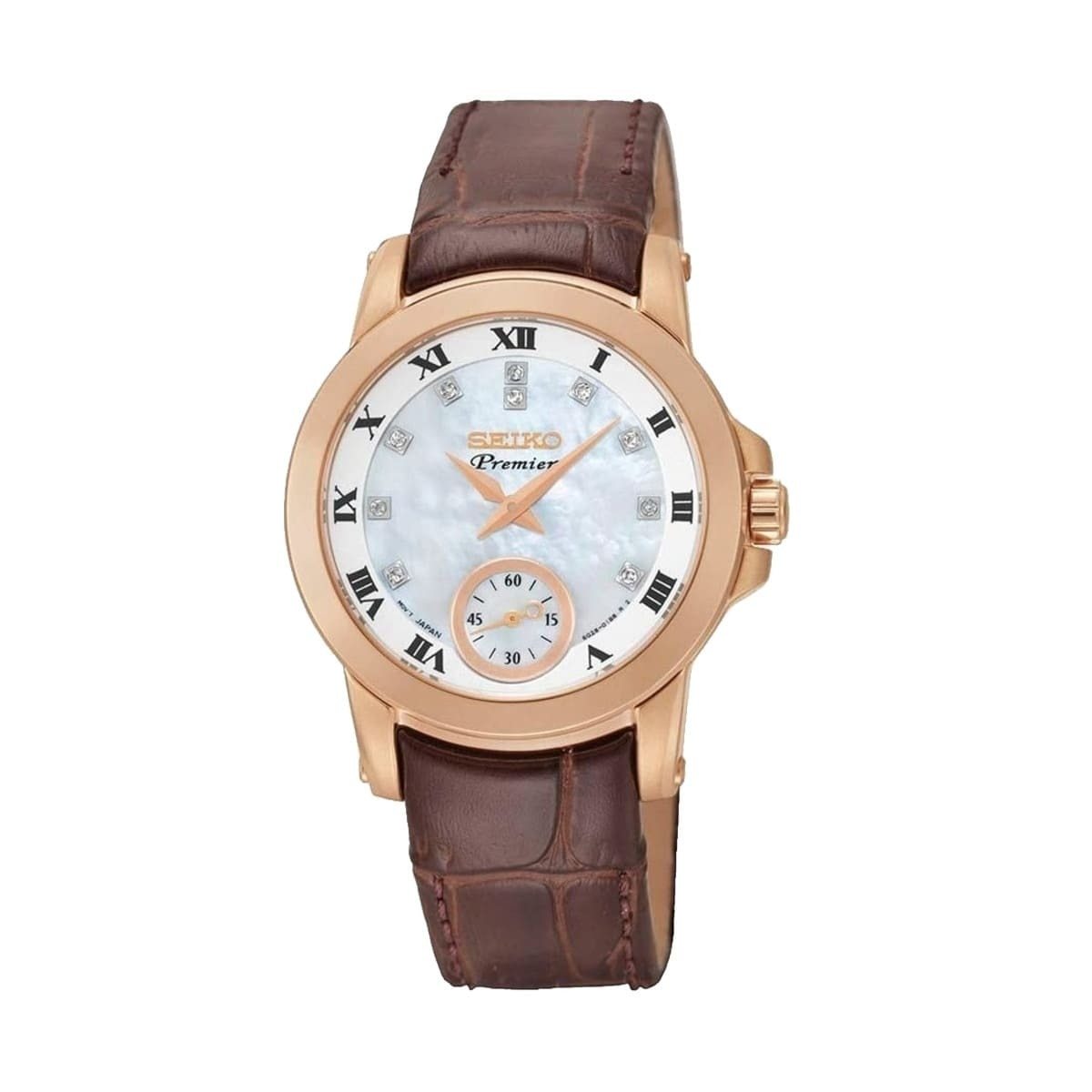Seiko SRKZ58P2 Premier Women's Watch with Mother of Pearl Dial and Brown Leather Strap, featuring diamond hour markers.
