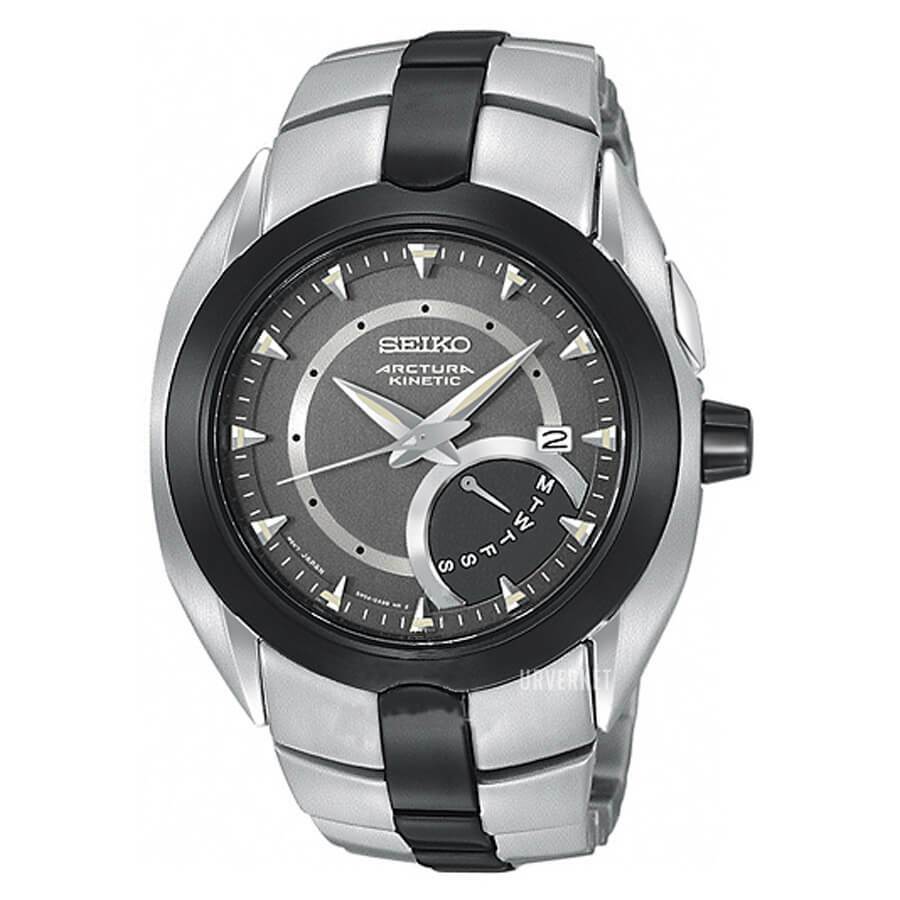 Seiko SRN017 Arctura Men's Kinetic Day Indicator Watch with two-tone stainless steel bracelet and black dial.