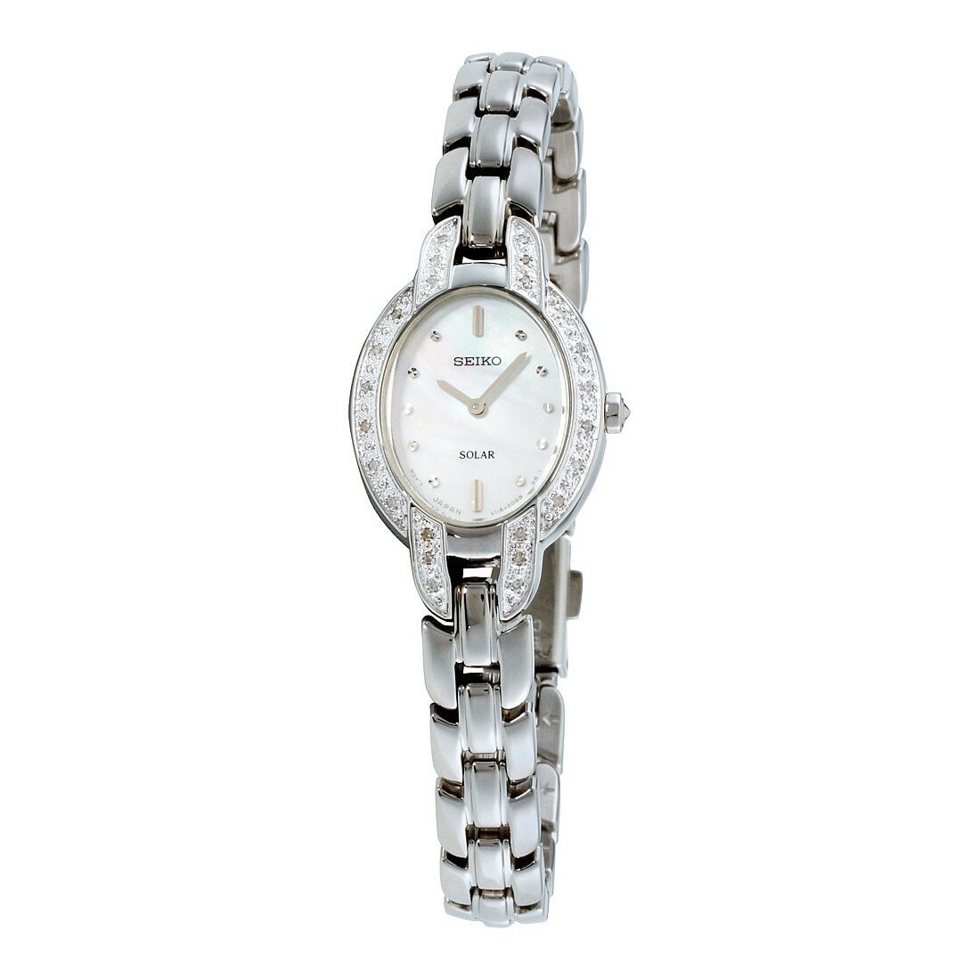 Seiko SUP323 Tressia Women's Watch with Mother of Pearl Dial and Diamond Accents, featuring a stainless steel case and bracelet.