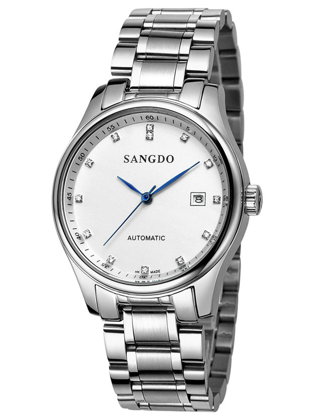 Simple Mechanical Stainless Steel Waterproof Watch with a stainless steel strap and synthetic sapphire mirror, showcasing its elegant design.