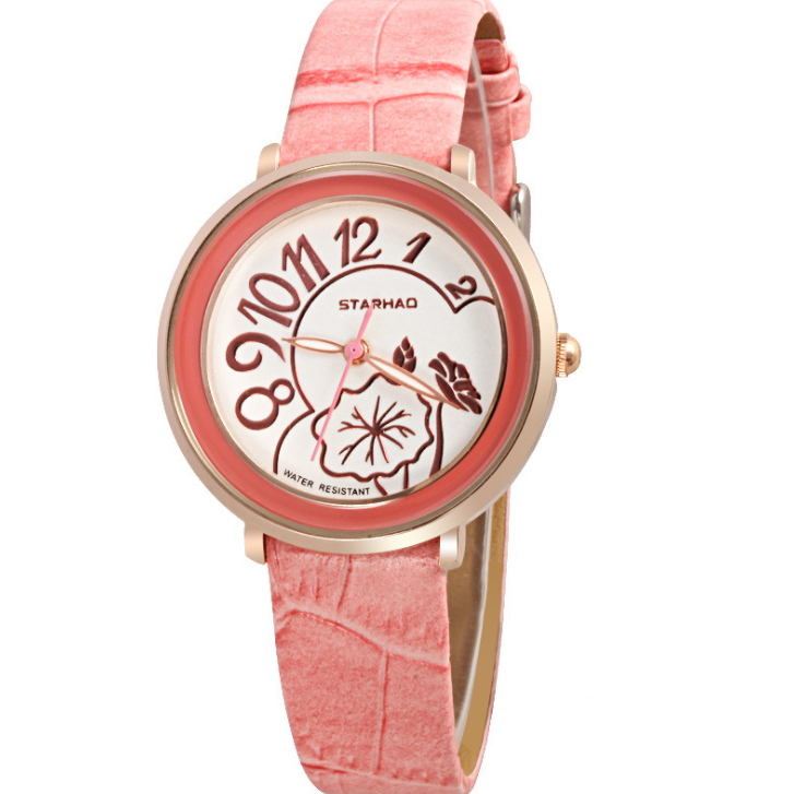 A stylish Simple Waterproof Quartz Watch for Ladies featuring a round dial, leather strap, and stainless steel buckle, perfect for everyday wear.