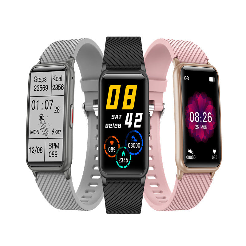 Smart Bluetooth Call Bracelet in pink, black, and silver gray with a 1.57-inch screen and silicone wristband.