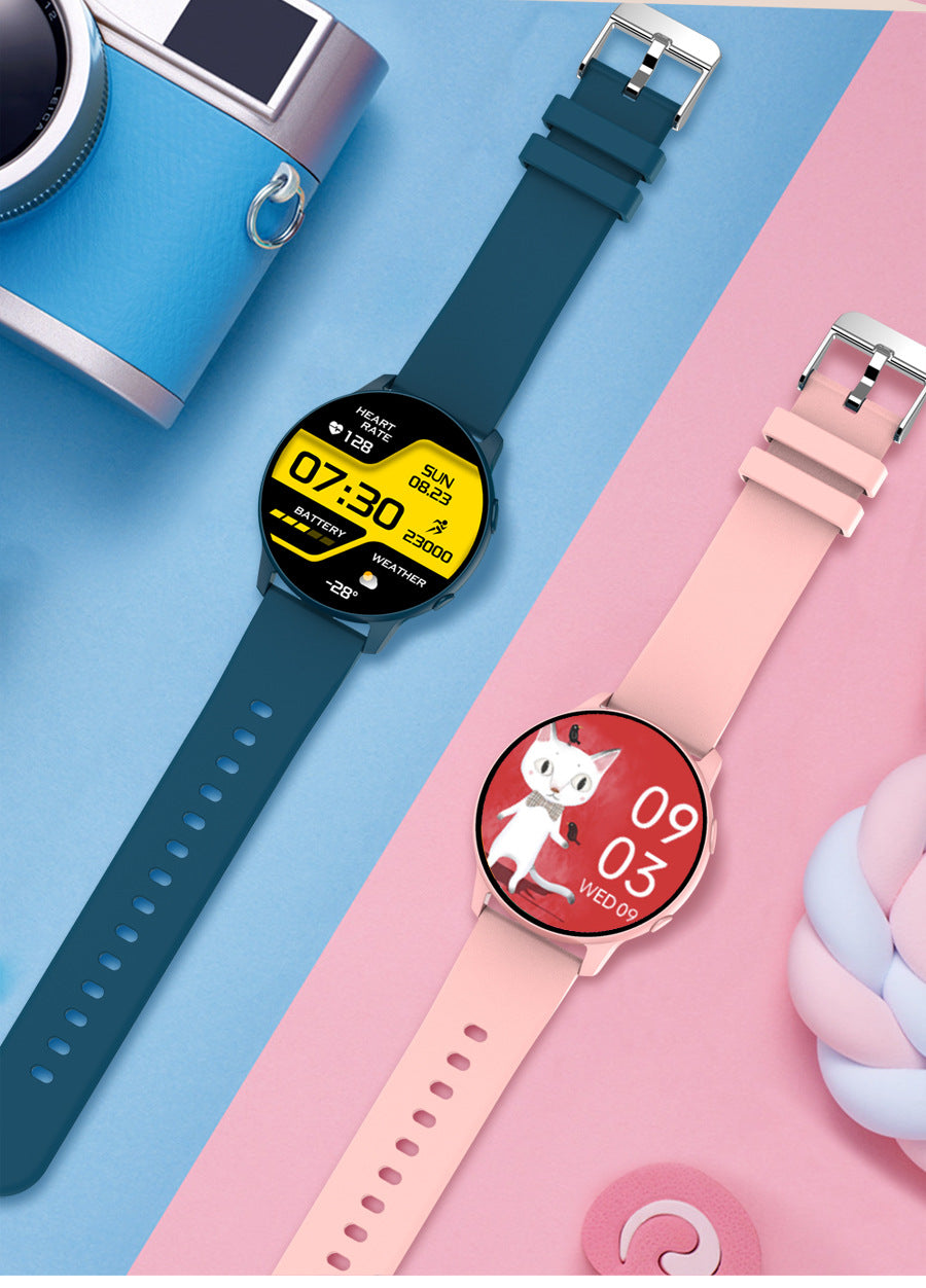 Smart Watch Full Circle with a pink silicone strap, featuring a 1.28-inch touch screen and heart rate monitoring.