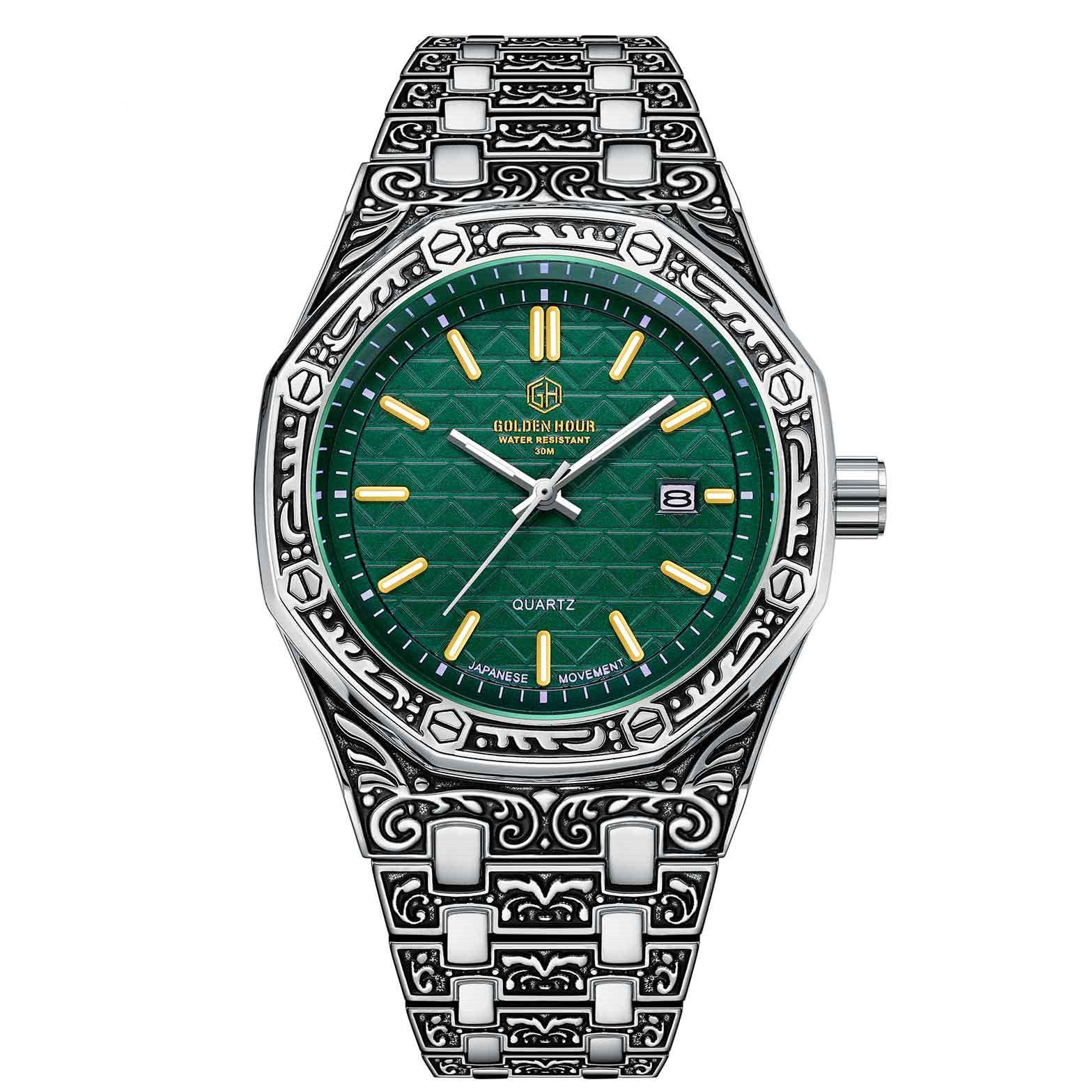 Spiral Crown Round Mechanical Men's Casual Quartz Watch with a sleek design and a 42mm dial, featuring a spiral crown and mineral strengthened glass.