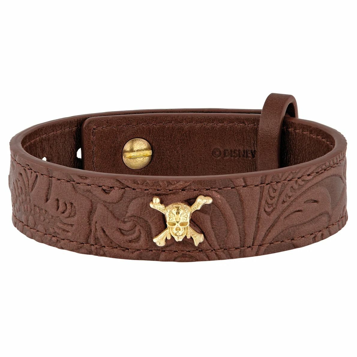 S.T. Dupont Pirates of the Caribbean Brown Leather Bracelet featuring embossed design and golden skull detail.