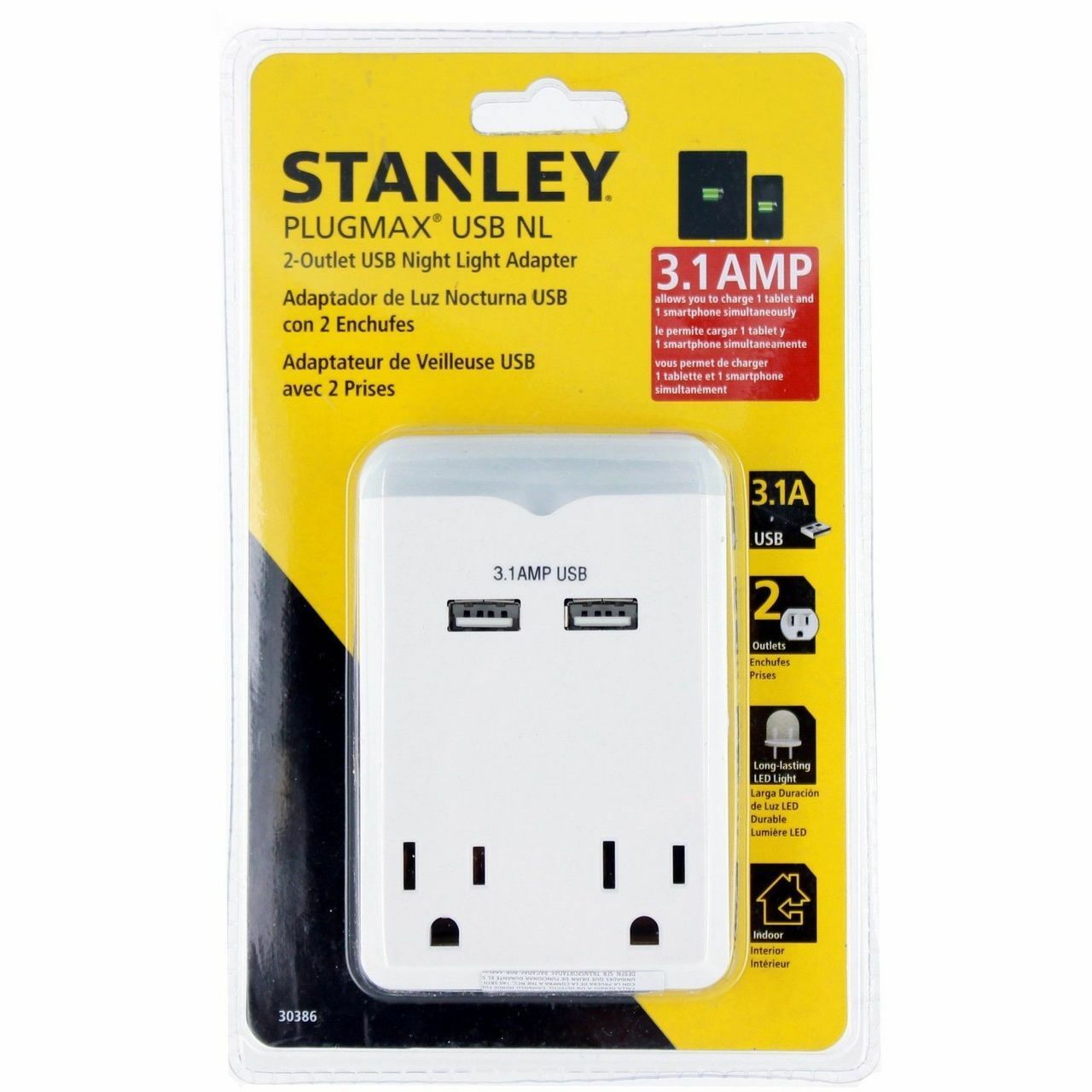 Stanley 2 Grounded Outlet USB Adapter with LED night light, featuring two grounded outlets and two USB ports for fast charging.
