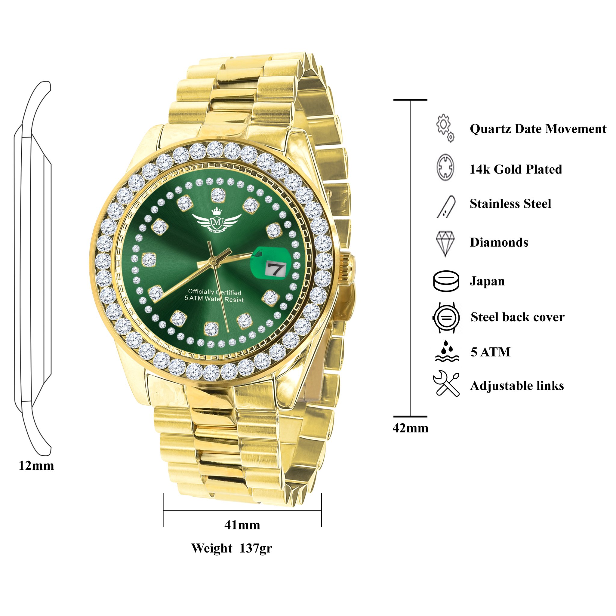 The STEALTH Steel Watch featuring a luxurious gold texture and a diamond-studded bezel, showcasing elegance and sophistication.