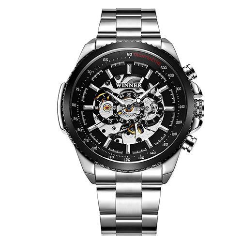 Steel Belt Calendar Automatic Mechanical Watch for Men featuring a stainless steel case and band, showcasing a classic design suitable for various occasions.
