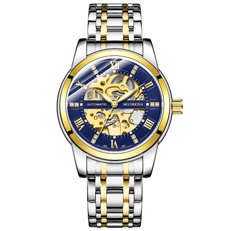 Steel Belt Mechanical Hollow Waterproof Luminous Watch with stainless steel strap and luminous features, showcasing its elegant design.