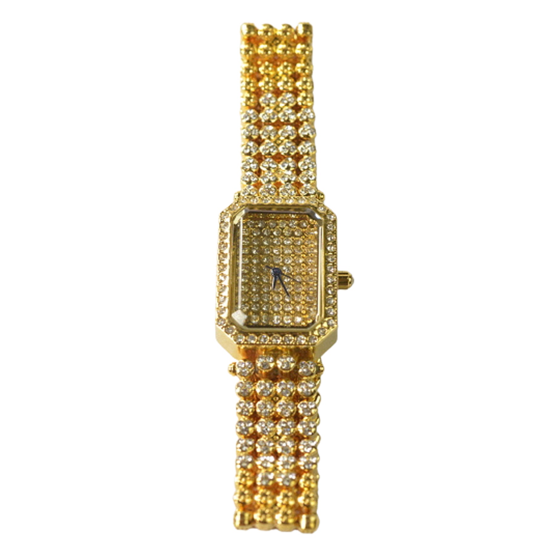 Studded Rectangular Case Watch with crystal embellishments and stainless steel back, showcasing elegance and durability.