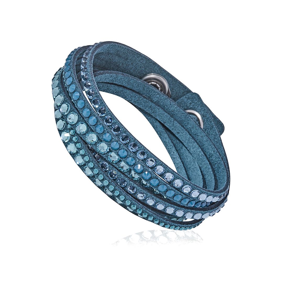 Swarovski 5043496 Slake Blue Alcantara Women's Crystal Accented Wrap Deluxe Bracelet featuring Jet Hematite crystals and adjustable closure.