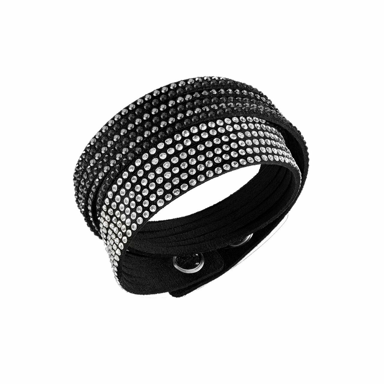 Swarovski 5142963 Slake 2 in 1 Black Alcantara Bracelet featuring two shades of crystals and adjustable snap button closure.