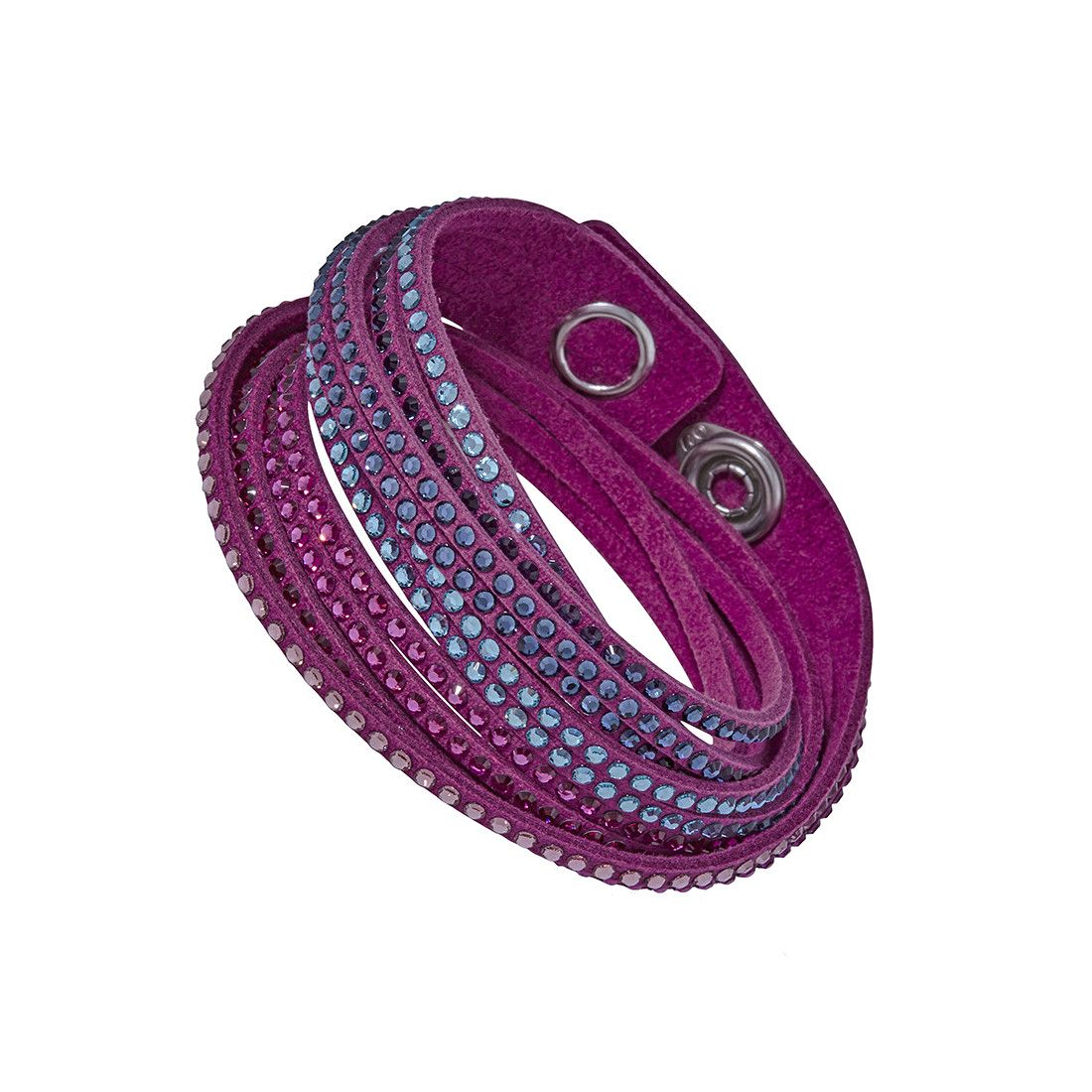 Swarovski 5202465 Slake 2 in 1 Fuchsia Alcantara Fabric Bracelet featuring vibrant colors and sparkling crystals.