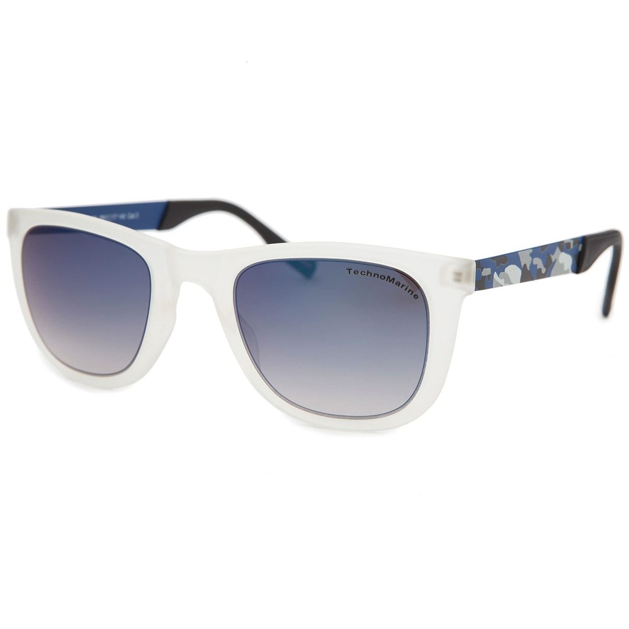 Technomarine Black Reef TMEW001-08 Wayfarer sunglasses with blue mirrored lenses and clear plastic frame.
