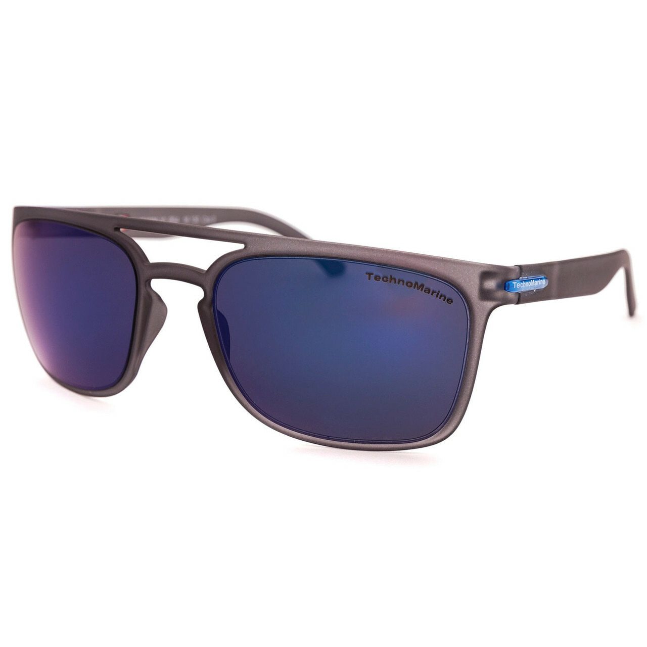 Technomarine Manta Ray TMEW006-10 sunglasses with blue rectangular frame and grey mirrored lenses, displayed in a stylish case.