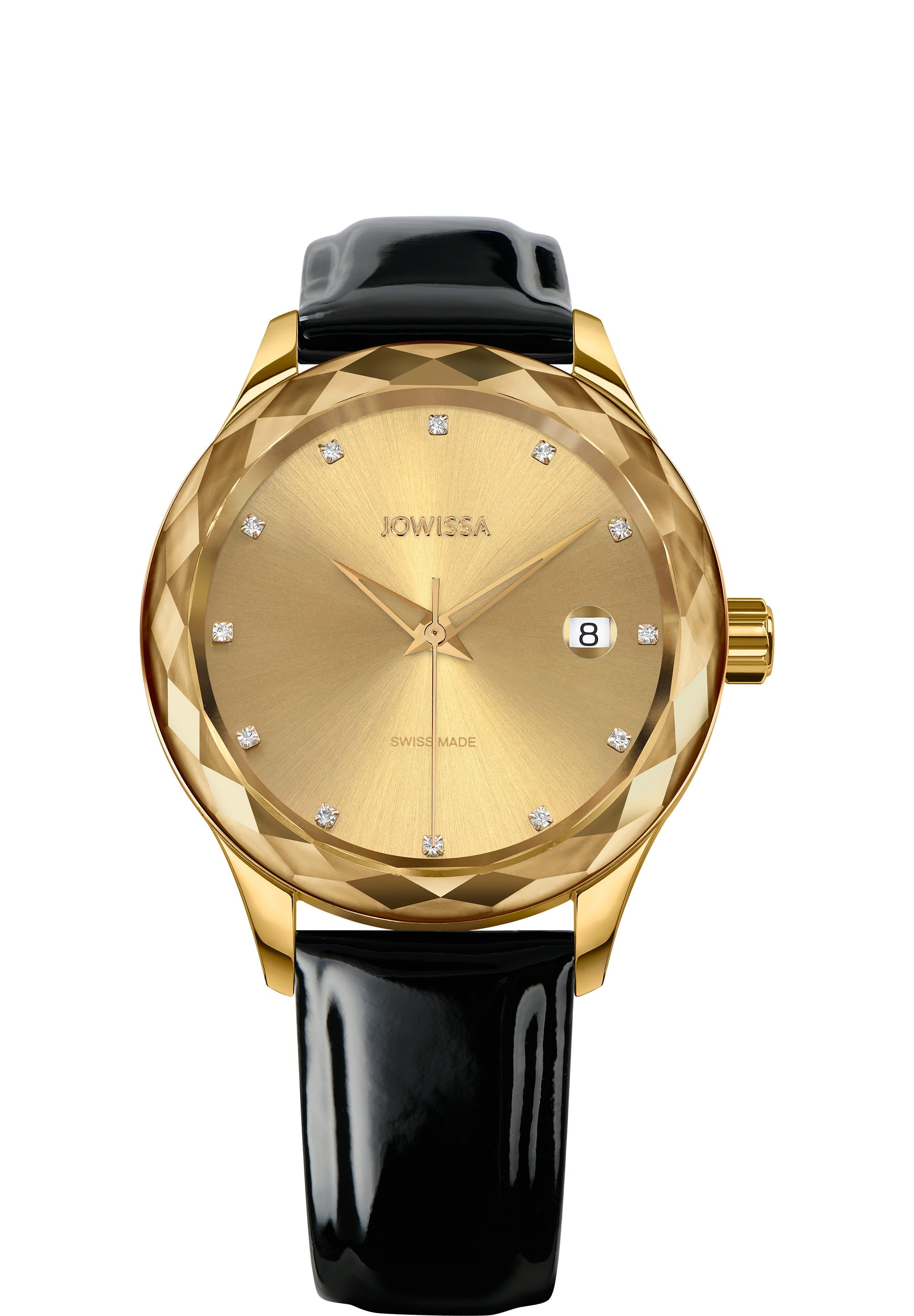 Tiro Swiss Ladies Watch J6.231.M featuring a gold dial, rhinestone hour indices, and a glossy black leather strap.