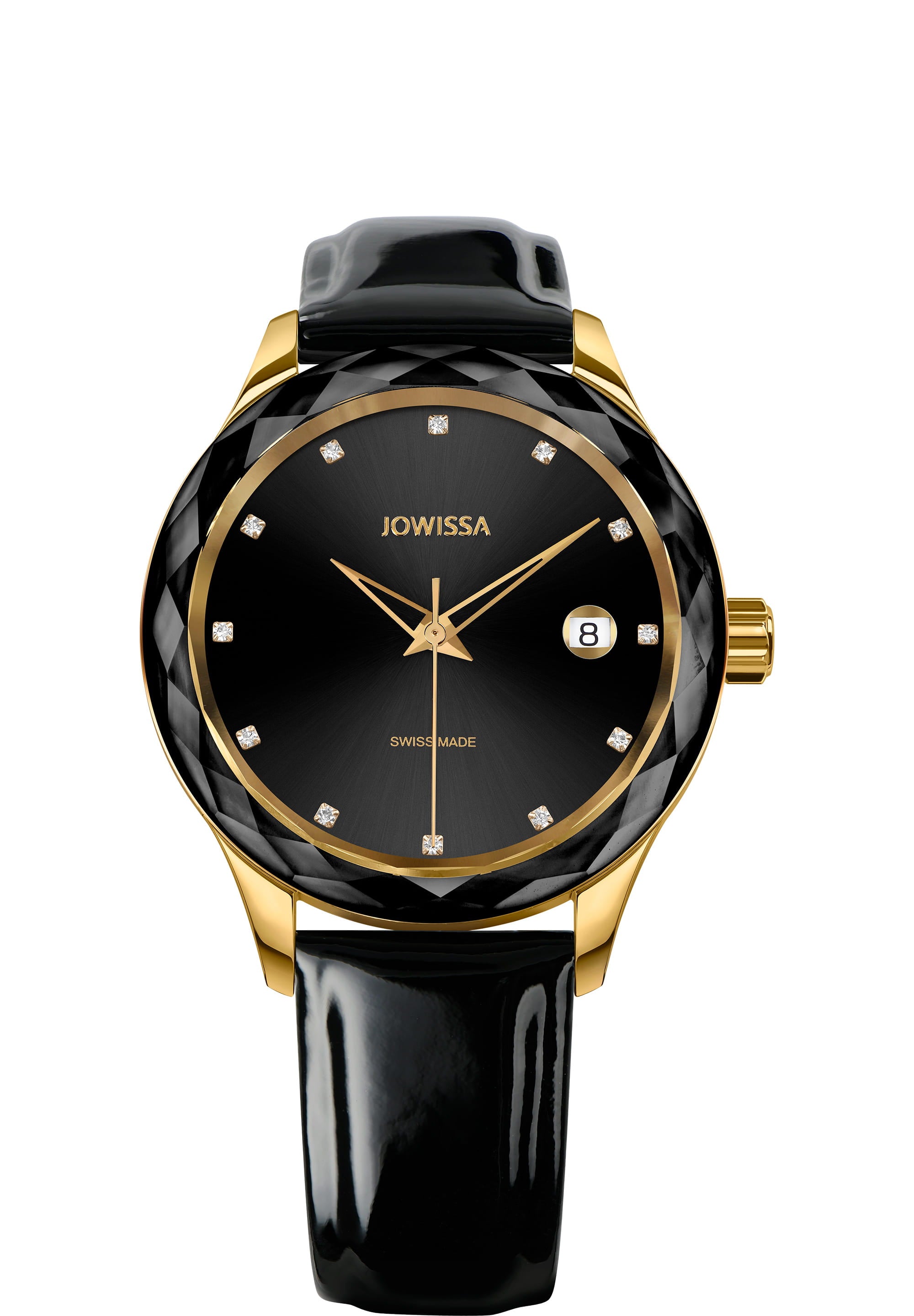 Tiro Swiss Ladies Watch J6.232.M featuring a black dial with gold accents and rhinestones, set in a stainless steel case with a black leather strap.