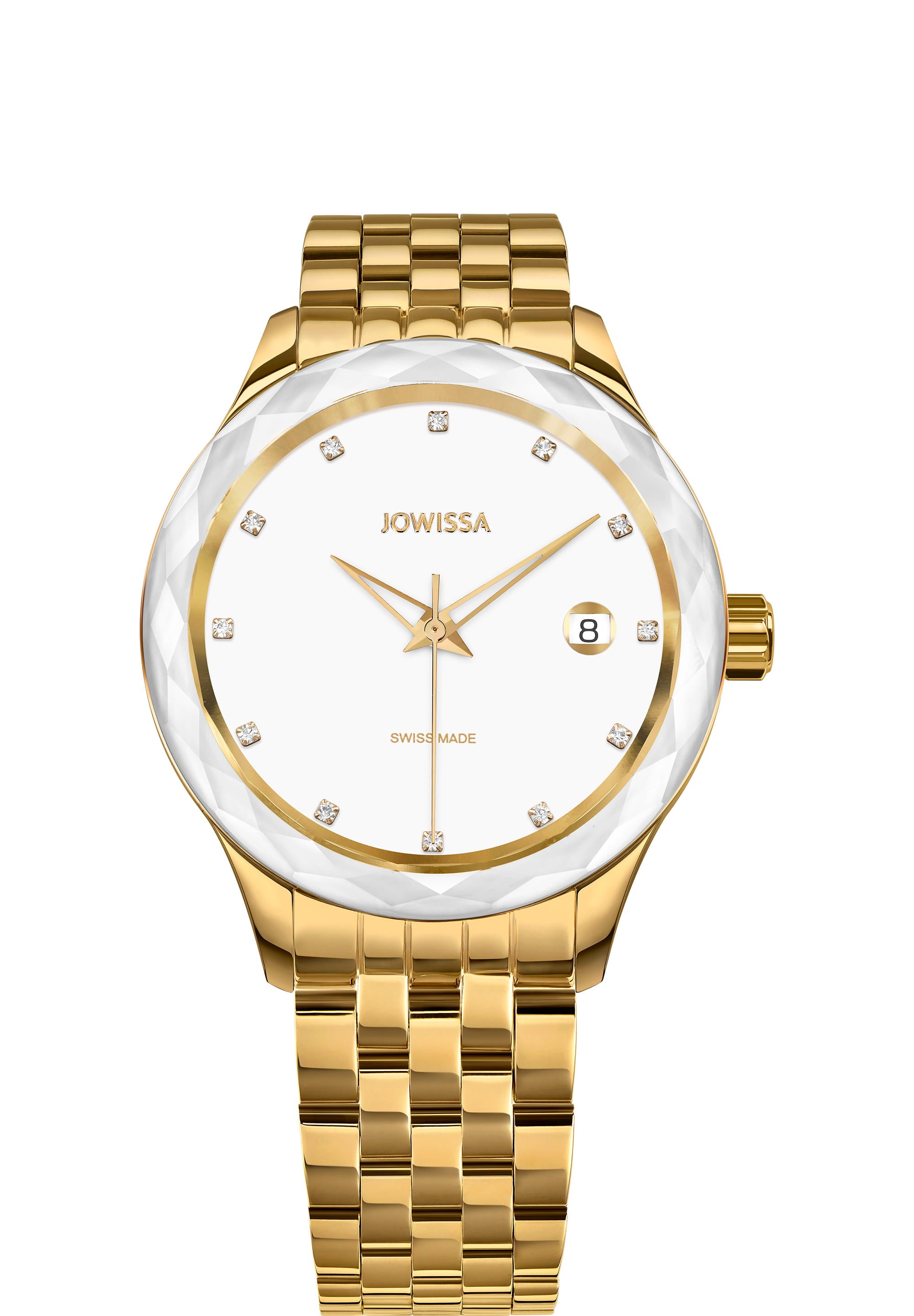 Tiro Swiss Ladies Watch J6.237.M featuring a gold mesh bracelet and white sunray dial with rhinestone hour markers.